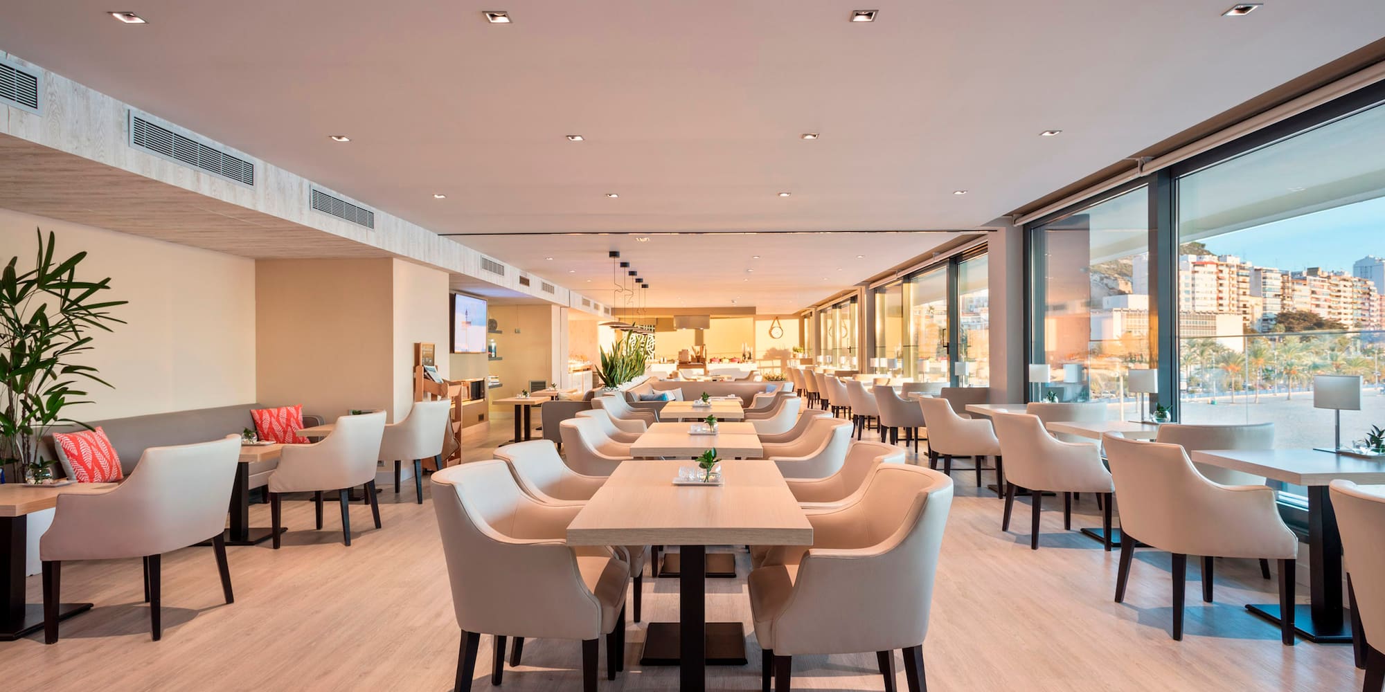 a room with tables and chairs