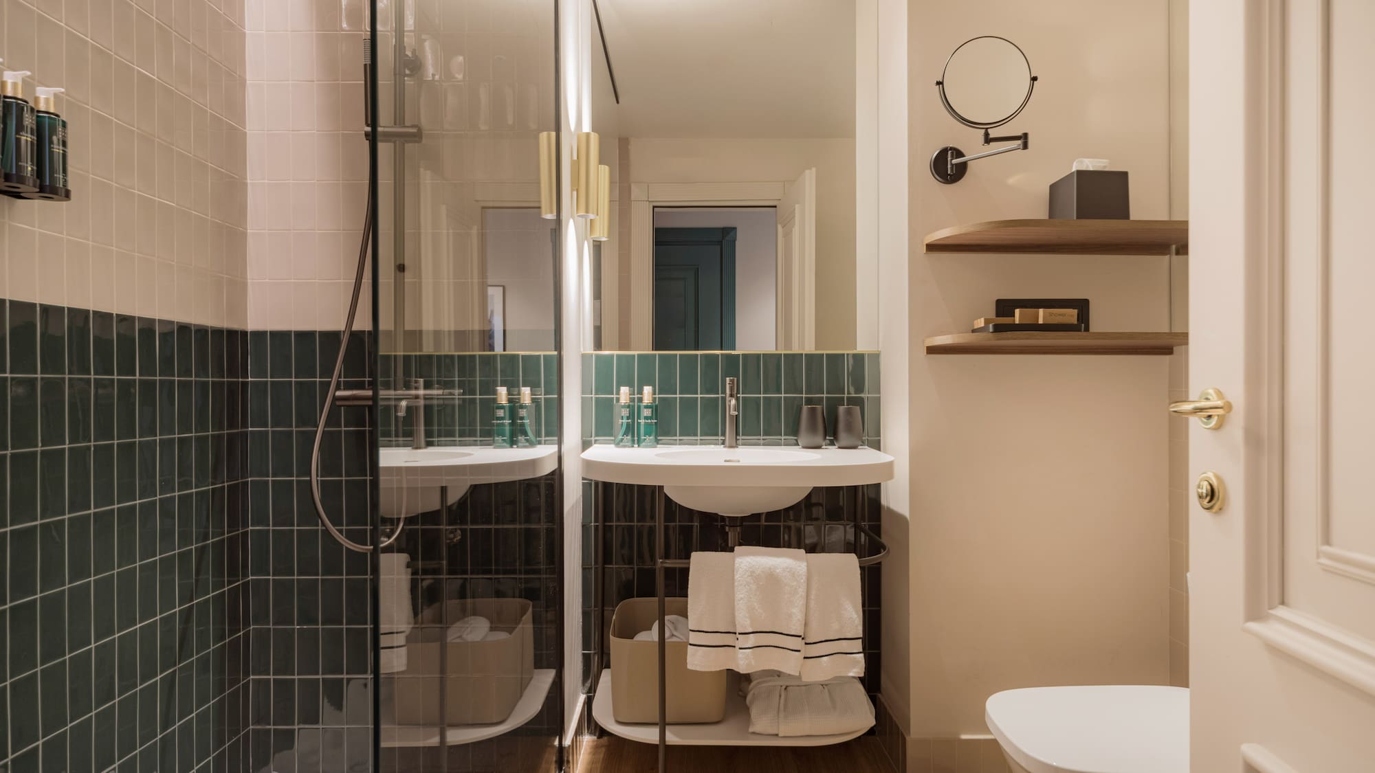 a bathroom with a shower and sink