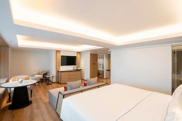 a room with a bed and a table