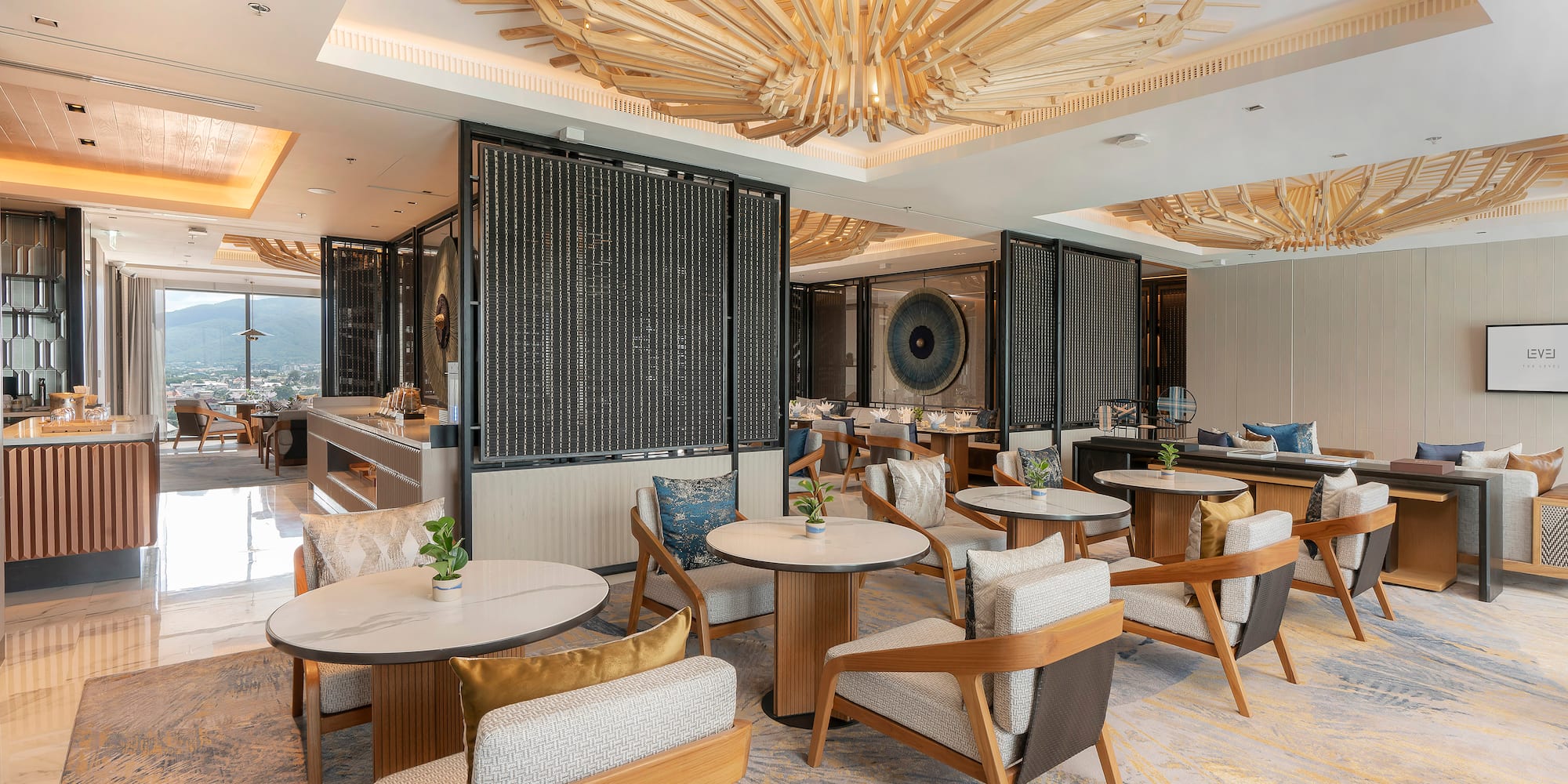 a room with tables and chairs