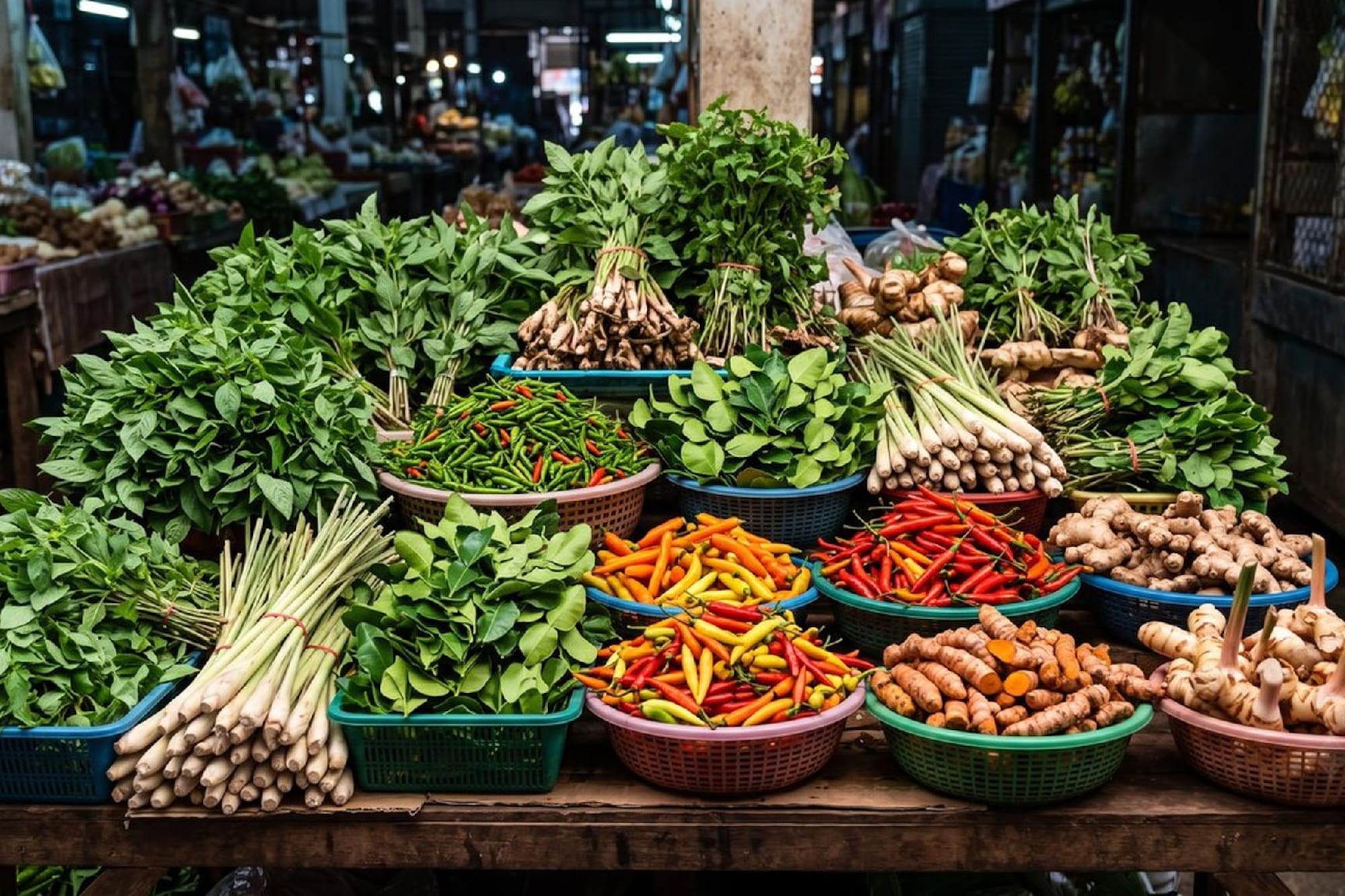 Vibrant market stall with fresh chili peppers, ginger, lemongrass, and herbs.