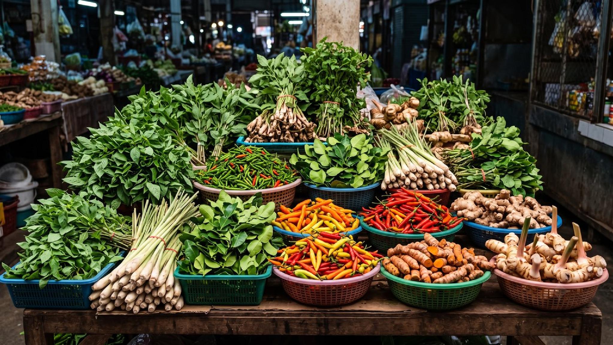 Vibrant market stall with fresh chili peppers, ginger, lemongrass, and herbs.