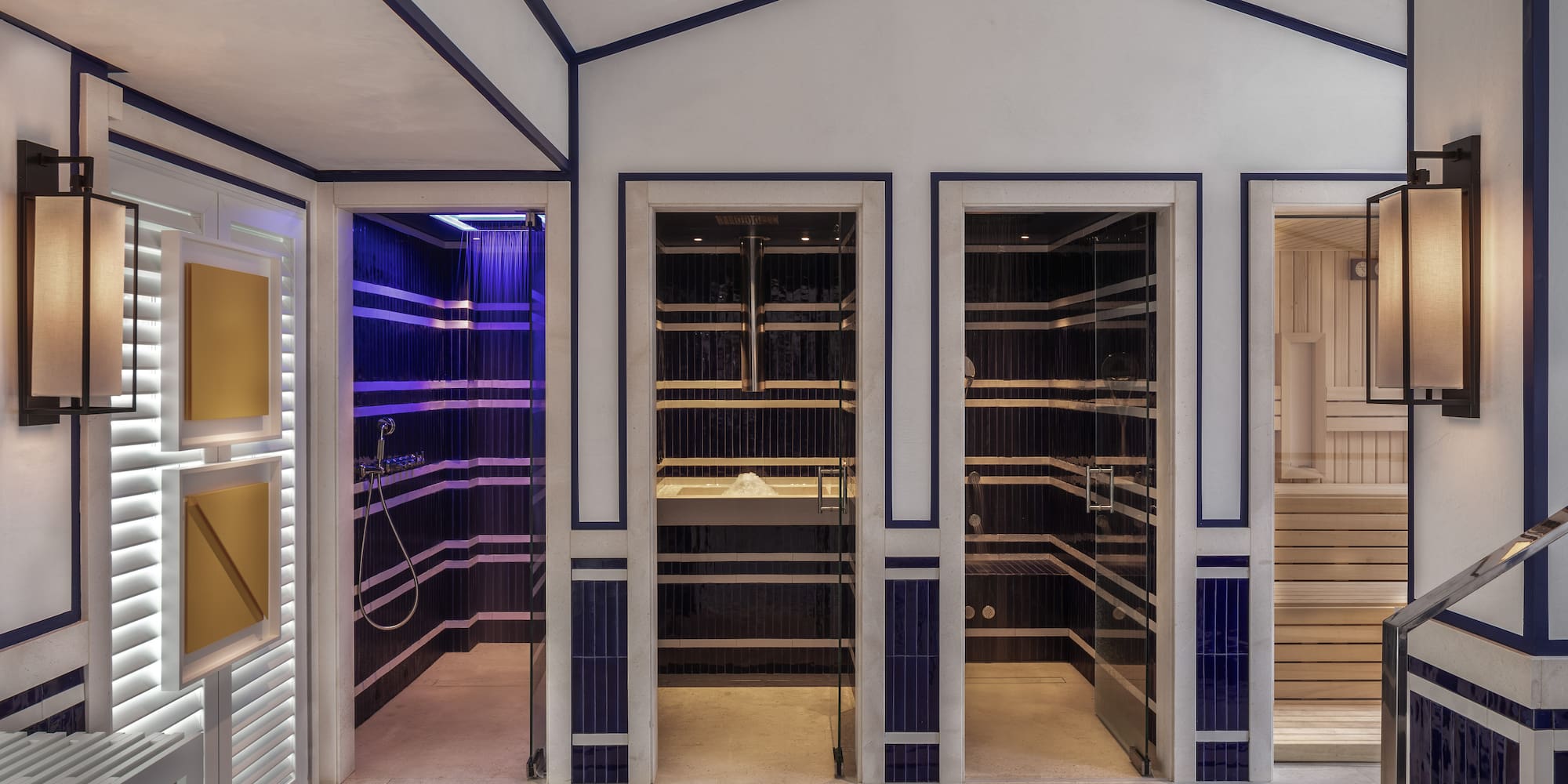 a room with a sauna and shower