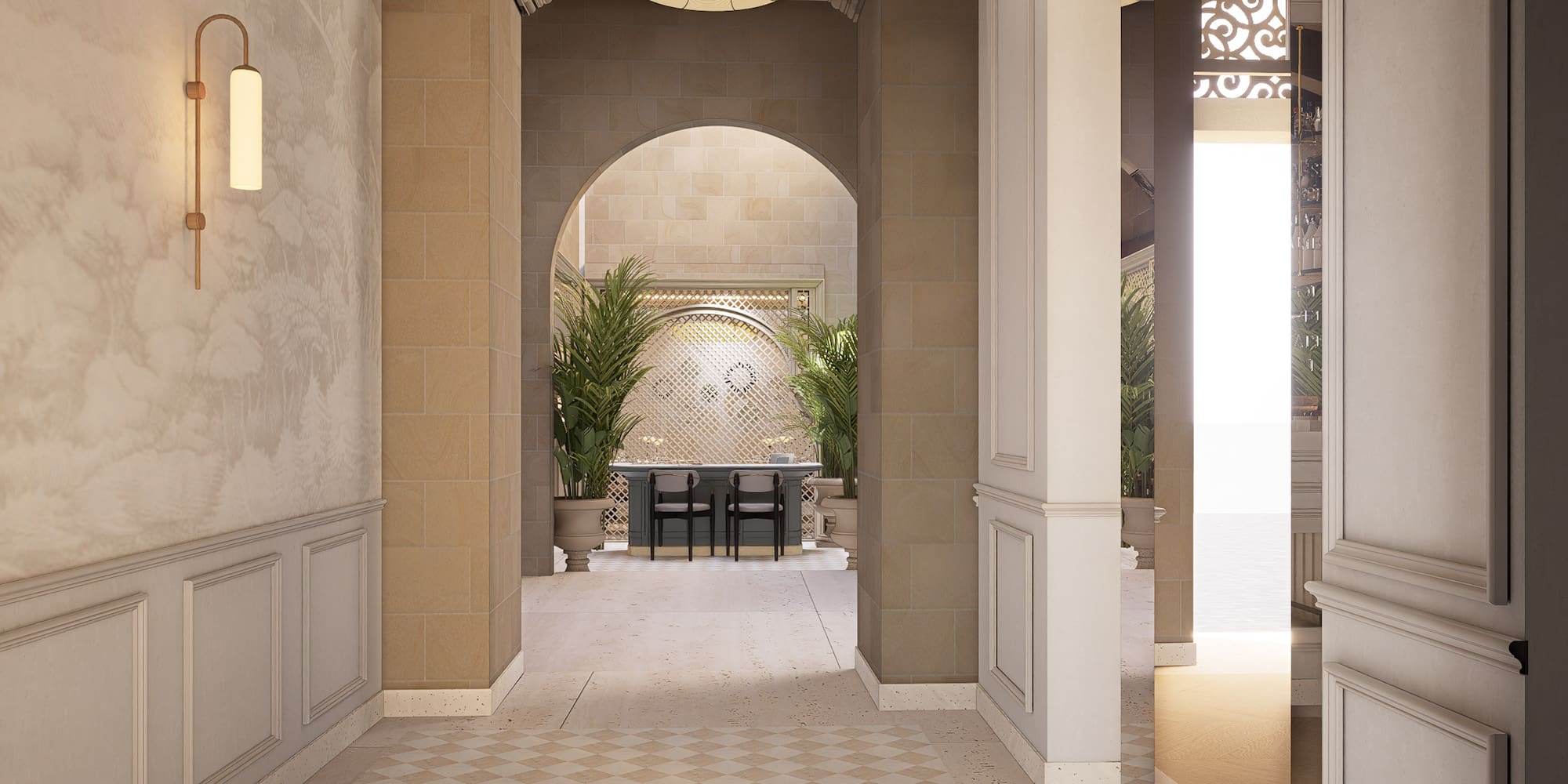 Elegant hotel lobby with arched entrance, reception desk, and decorative flooring.