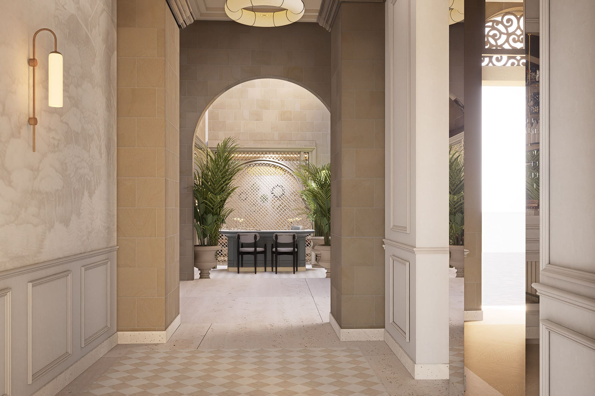 Luxury hotel reception with arched entry, front desk, and checkered floor.