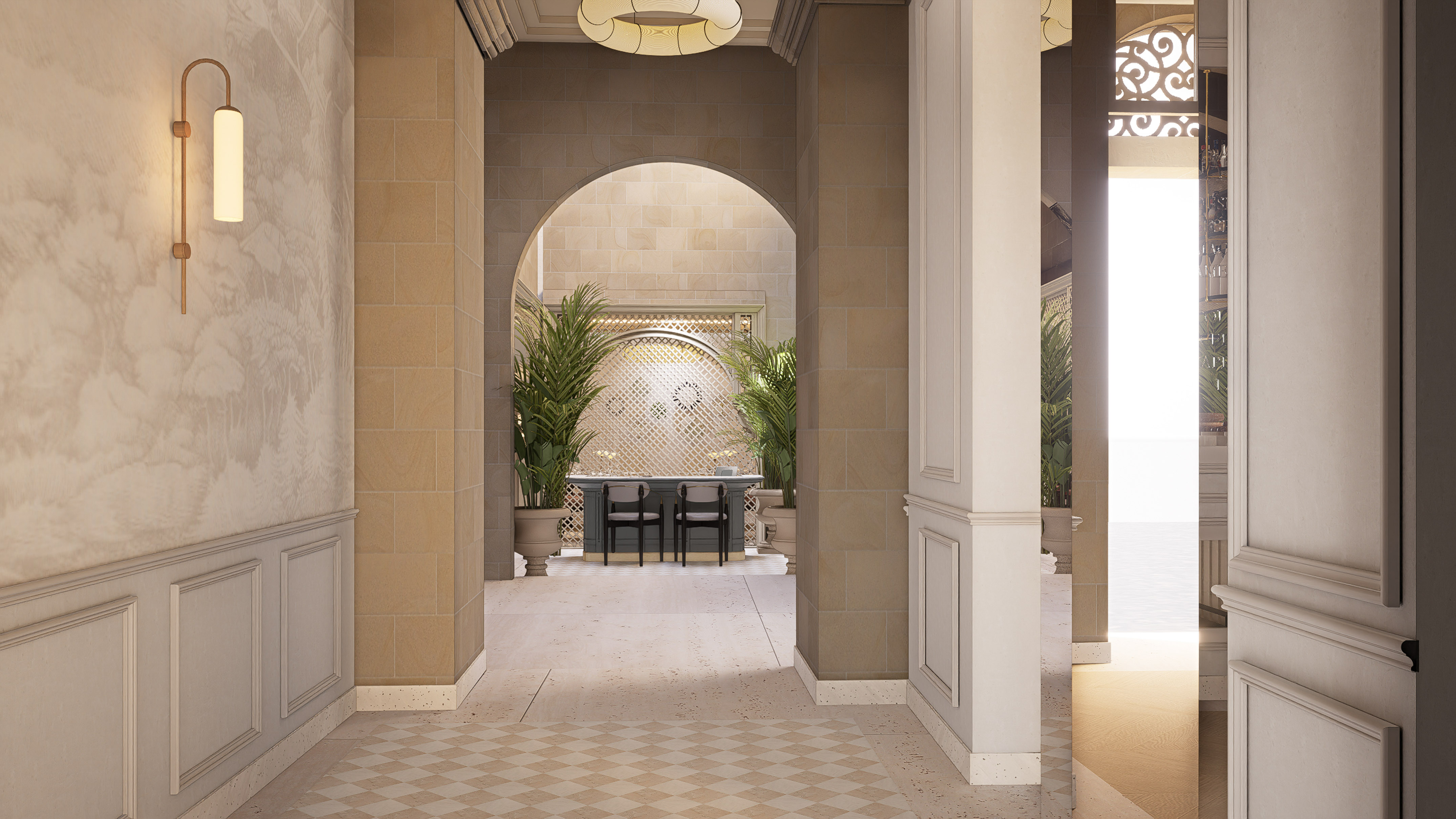 Elegant hotel lobby with arched entrance, reception desk, and decorative flooring.