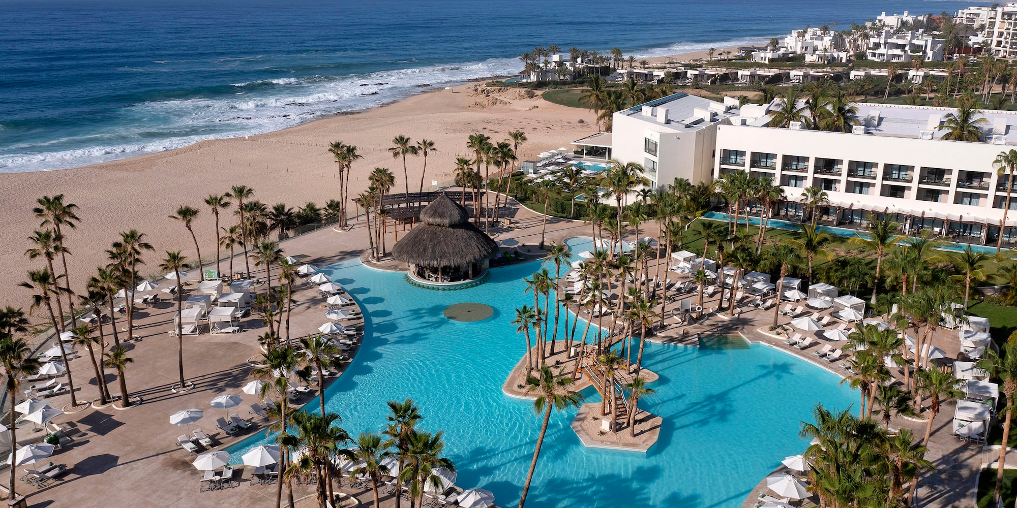 Tropical beach resort with large pool, palm trees, sandy beach, and ocean.