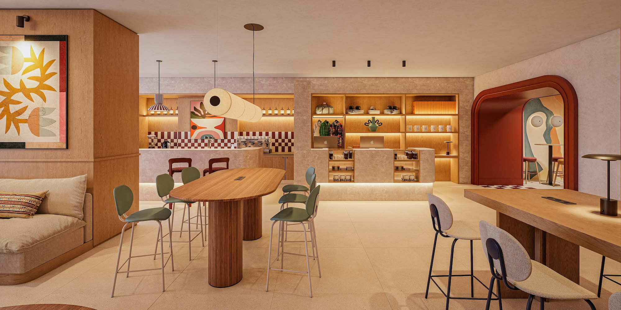 Modern cafe lounge with wooden tables, green bar stools, and abstract art.