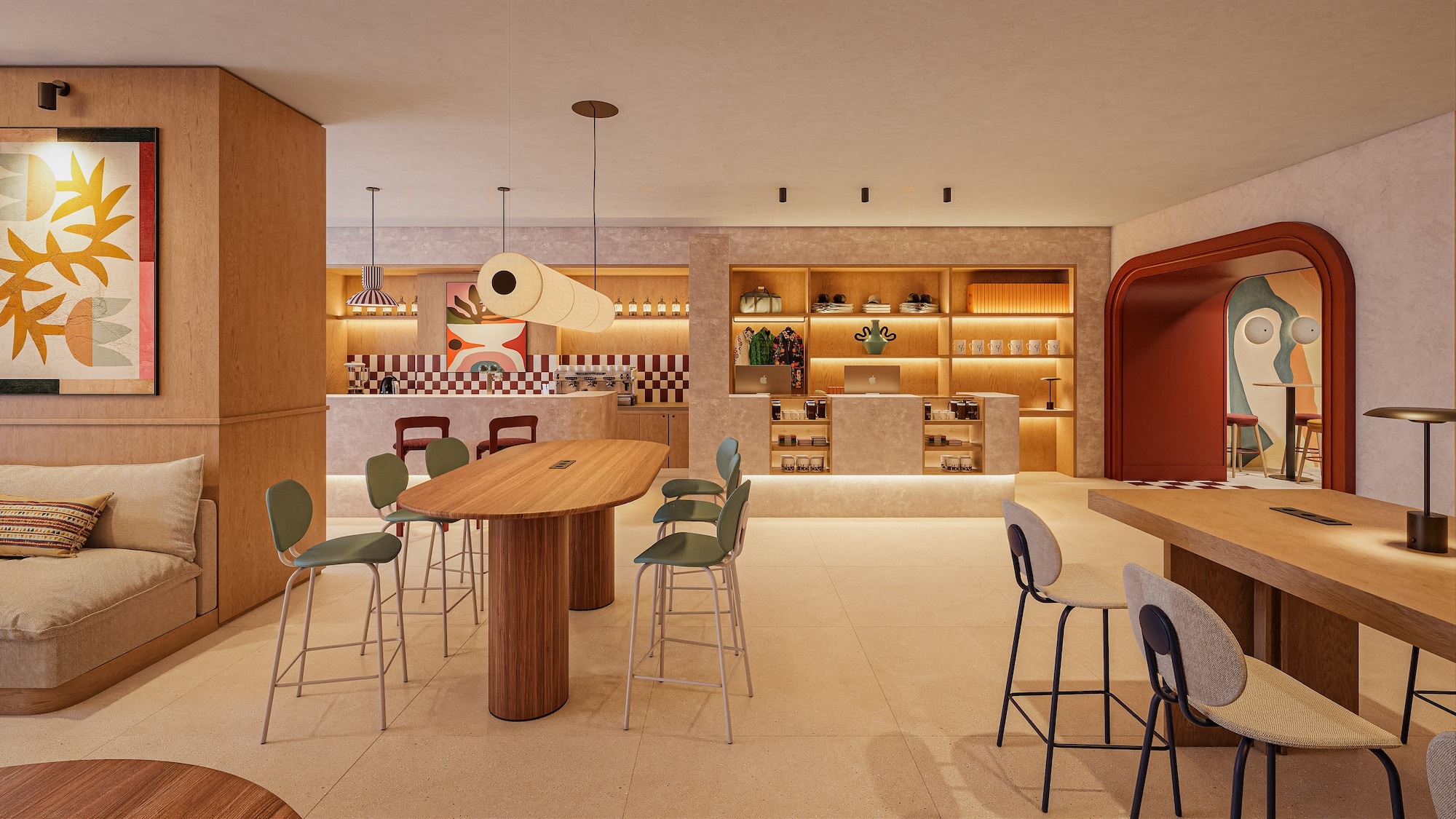 Modern cafe lounge with wooden tables, green bar stools, and abstract art.