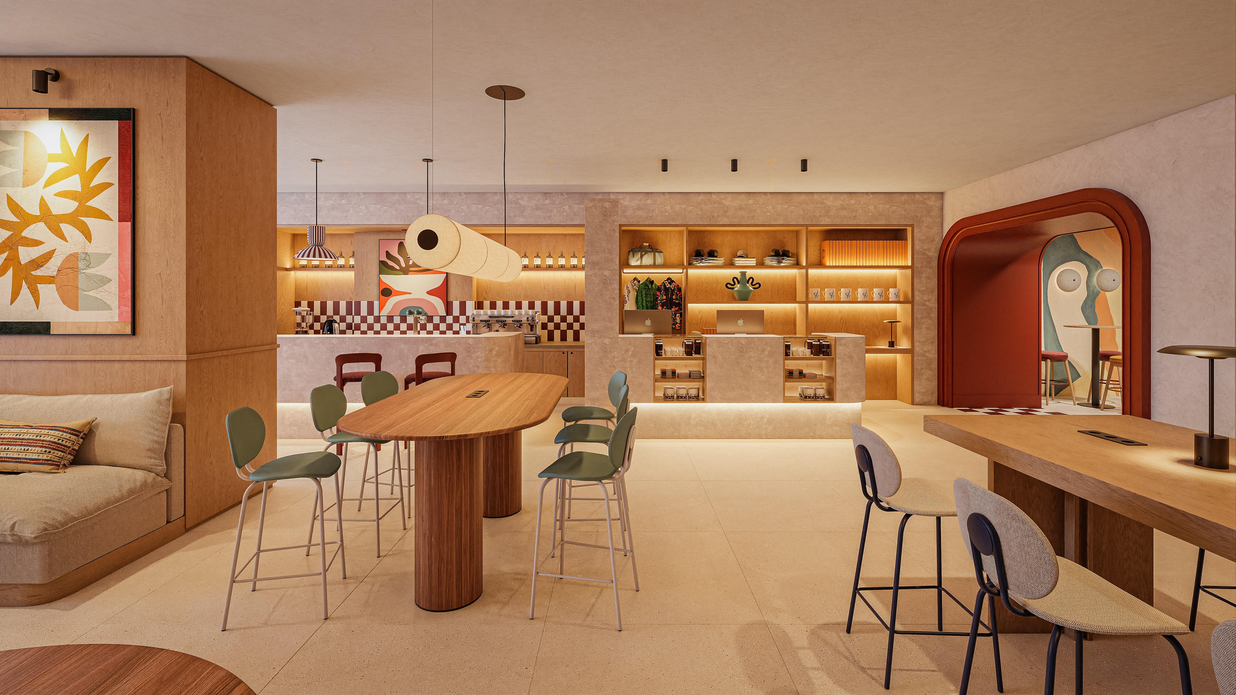 Modern cafe lounge with wooden tables, green bar stools, and abstract art.