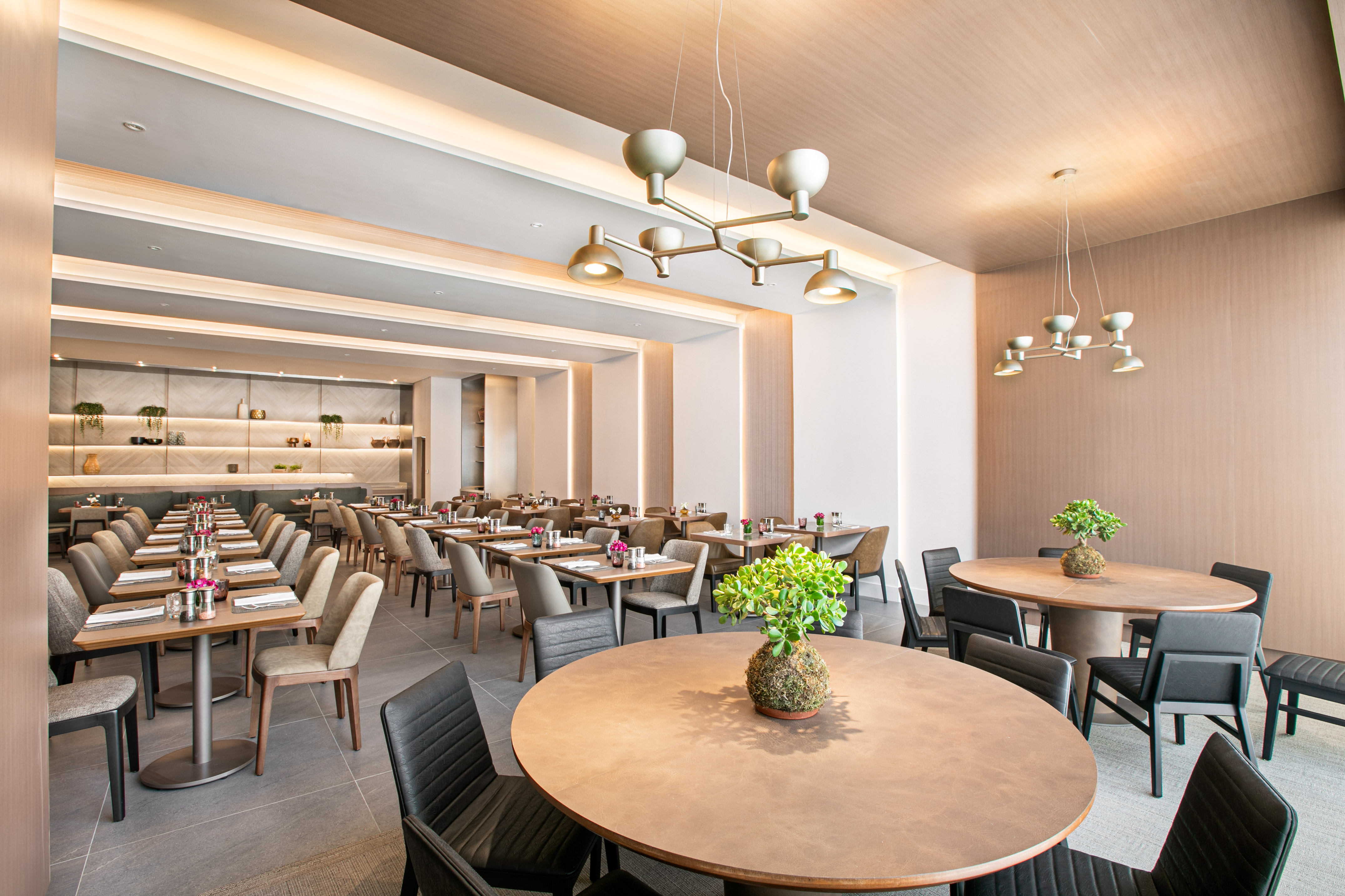Spacious modern dining room with stylish tables, chairs, and warm ambiance.