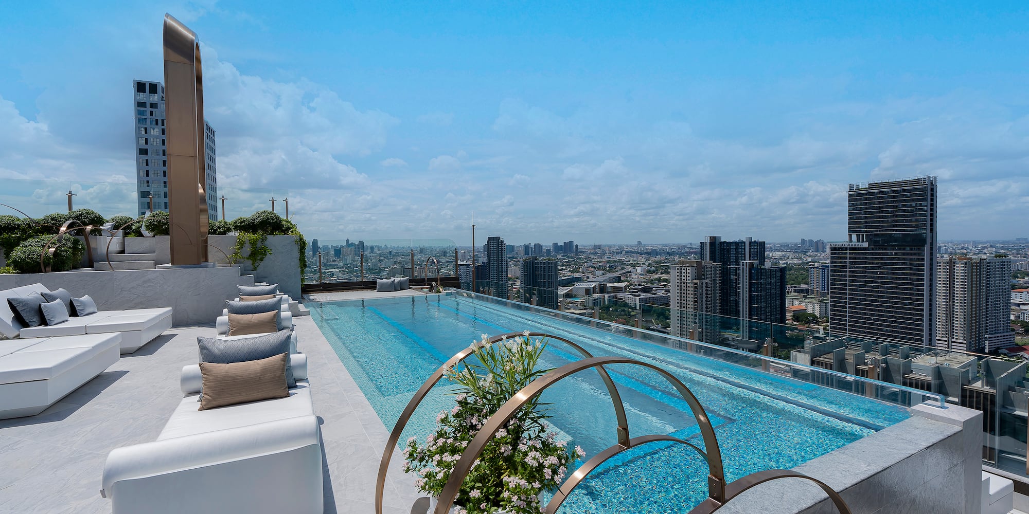a pool with a view of a city