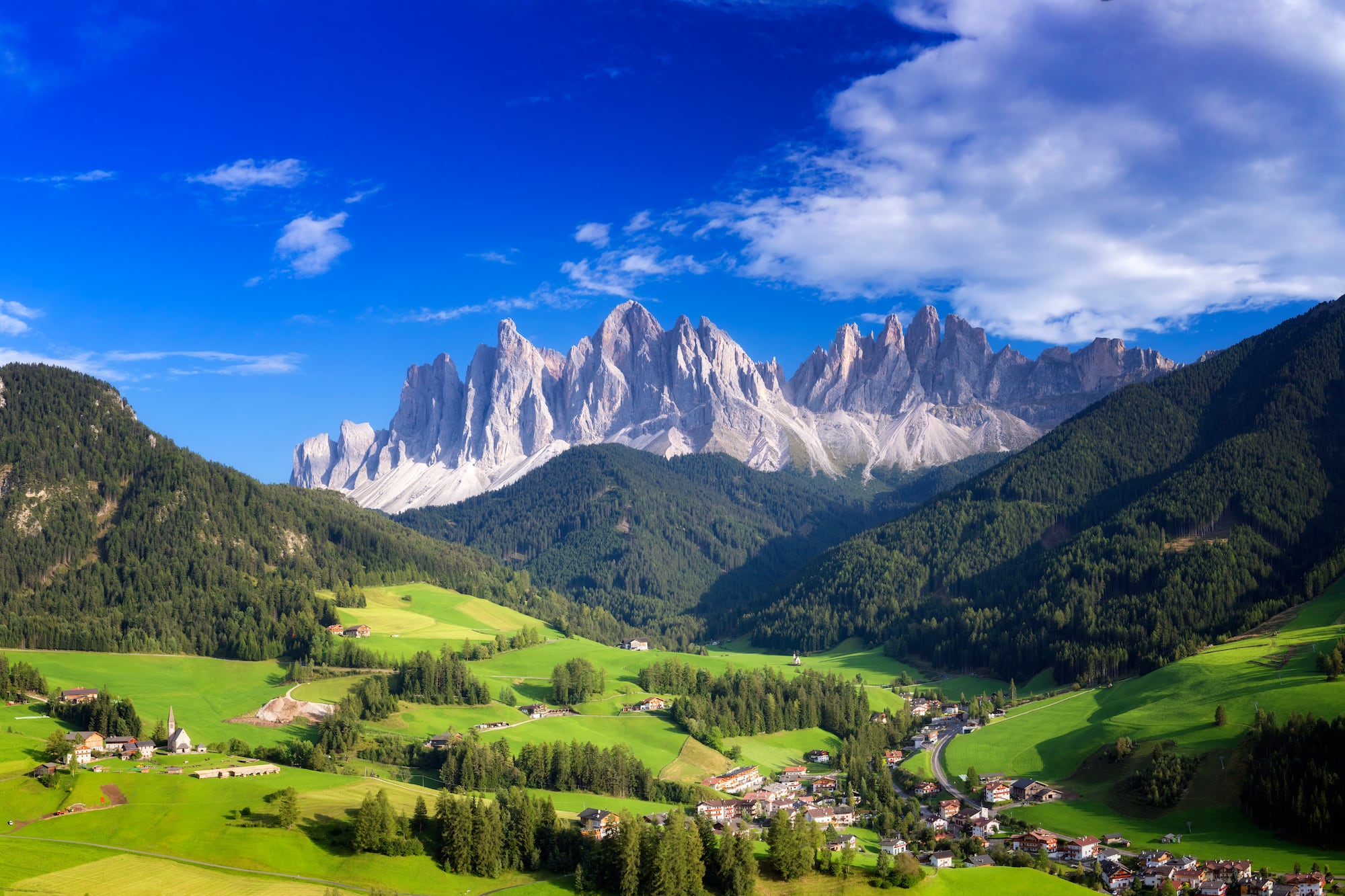 a landscape of green hills and mountains with Dolomites in the background