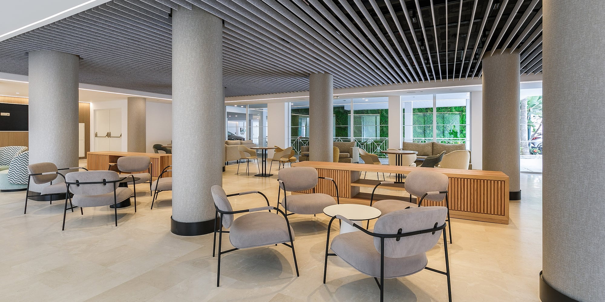 a room with chairs and tables