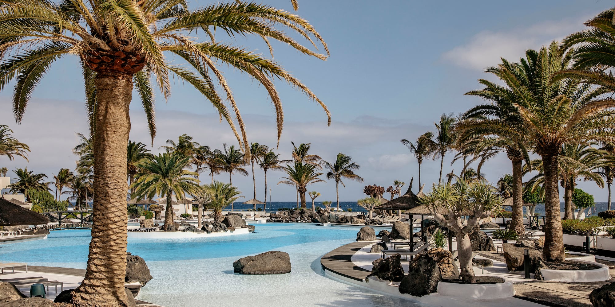 a pool with palm trees and umbrellas