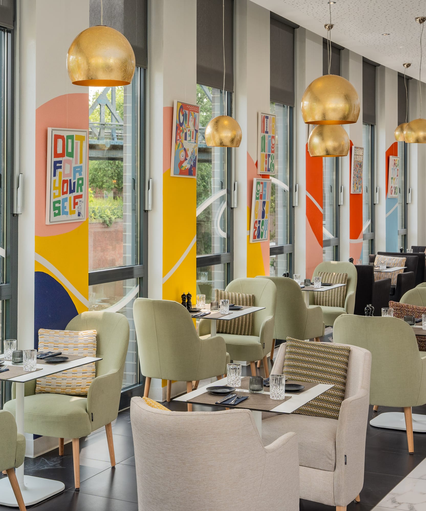 a room with tables and chairs