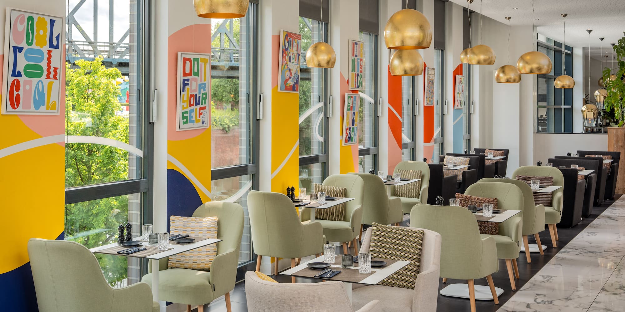 a room with tables and chairs