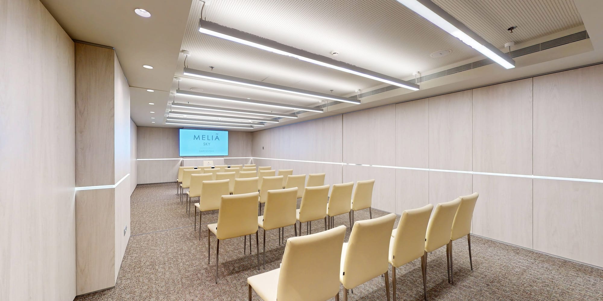 Contemporary Meliá Sky meeting room with empty chairs, presentation screen, light wood walls.