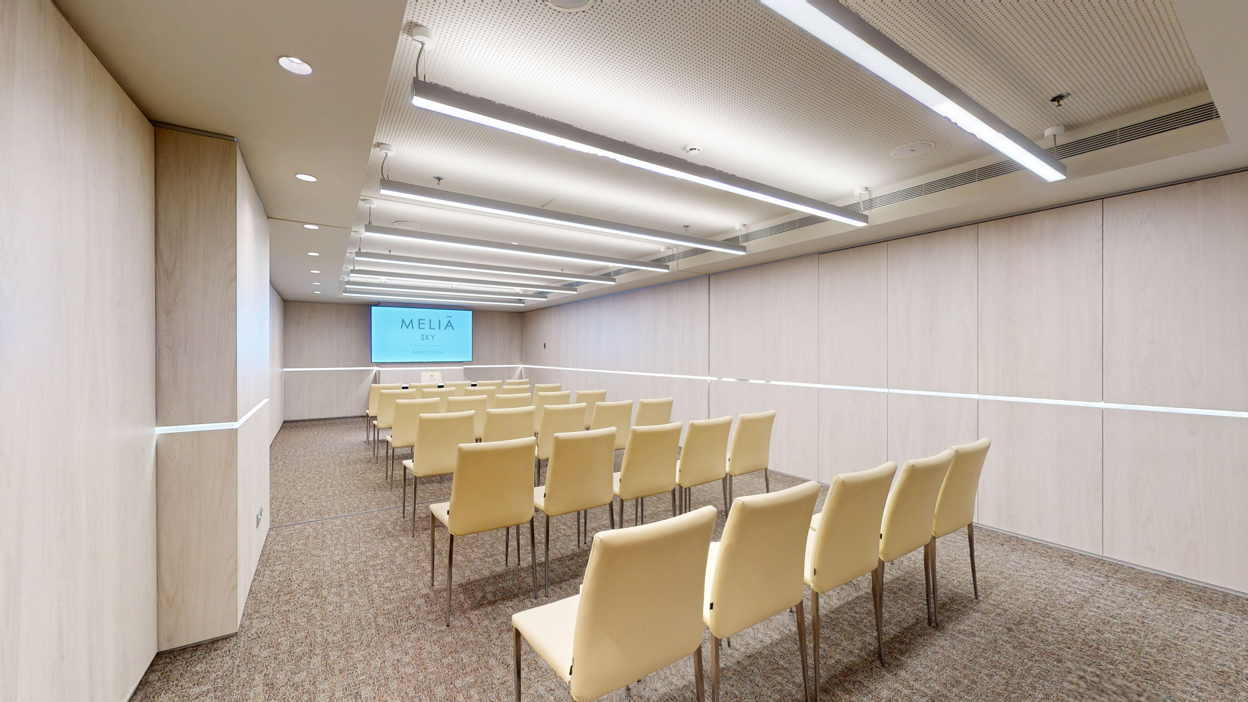 Contemporary Meliá Sky meeting room with empty chairs, presentation screen, light wood walls.