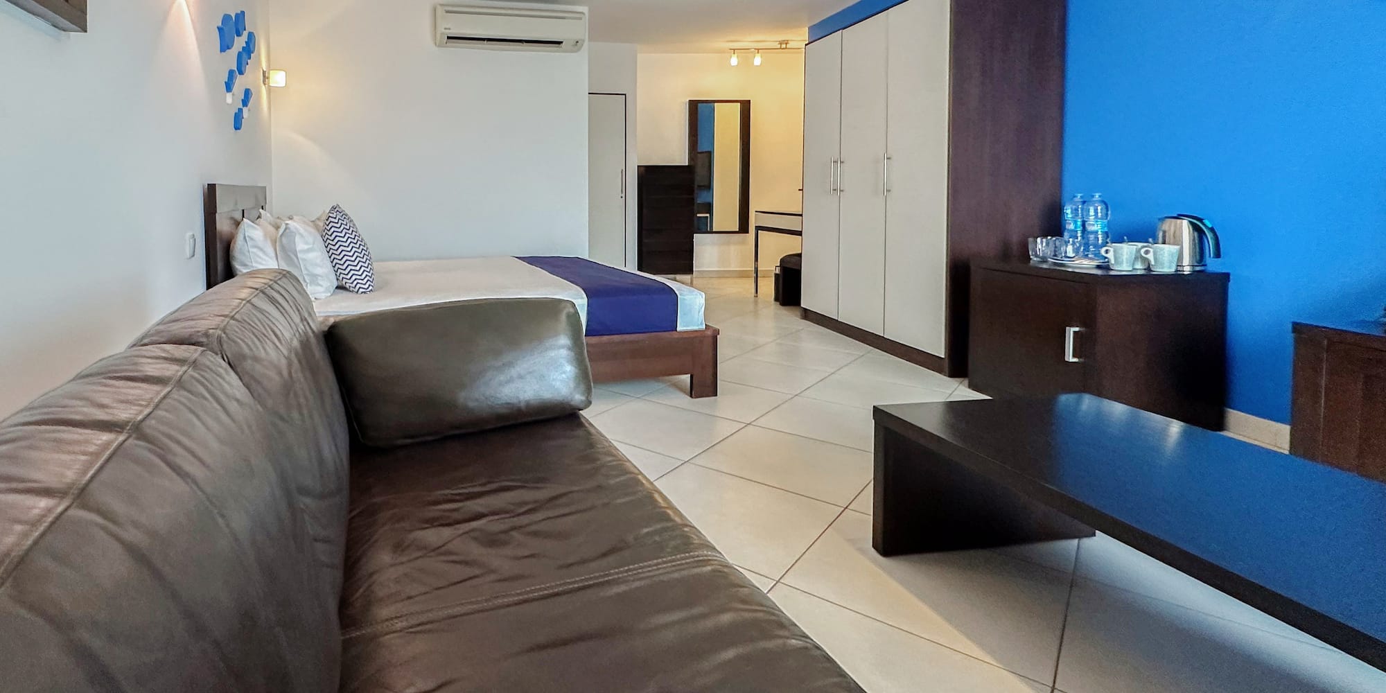 a room with a couch and a table