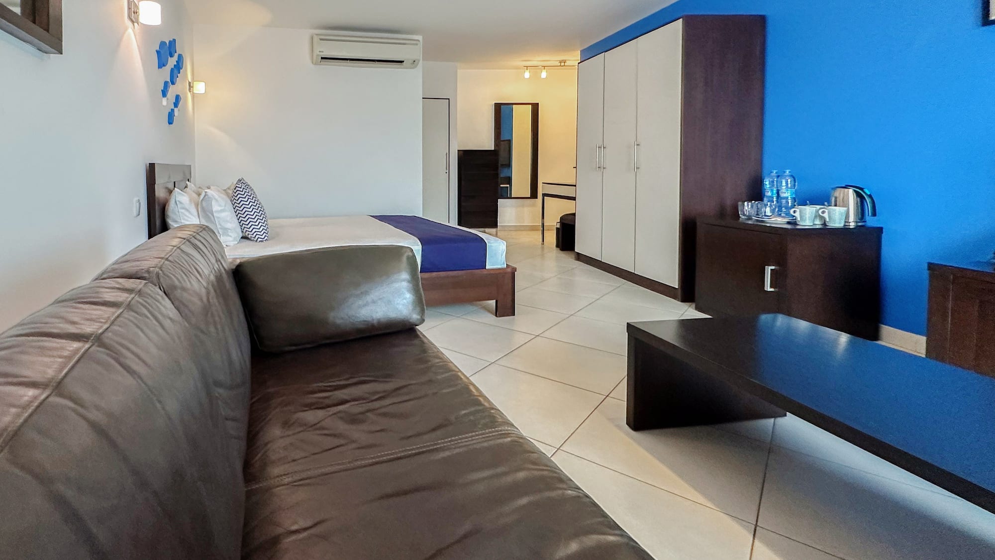 a room with a couch and a table