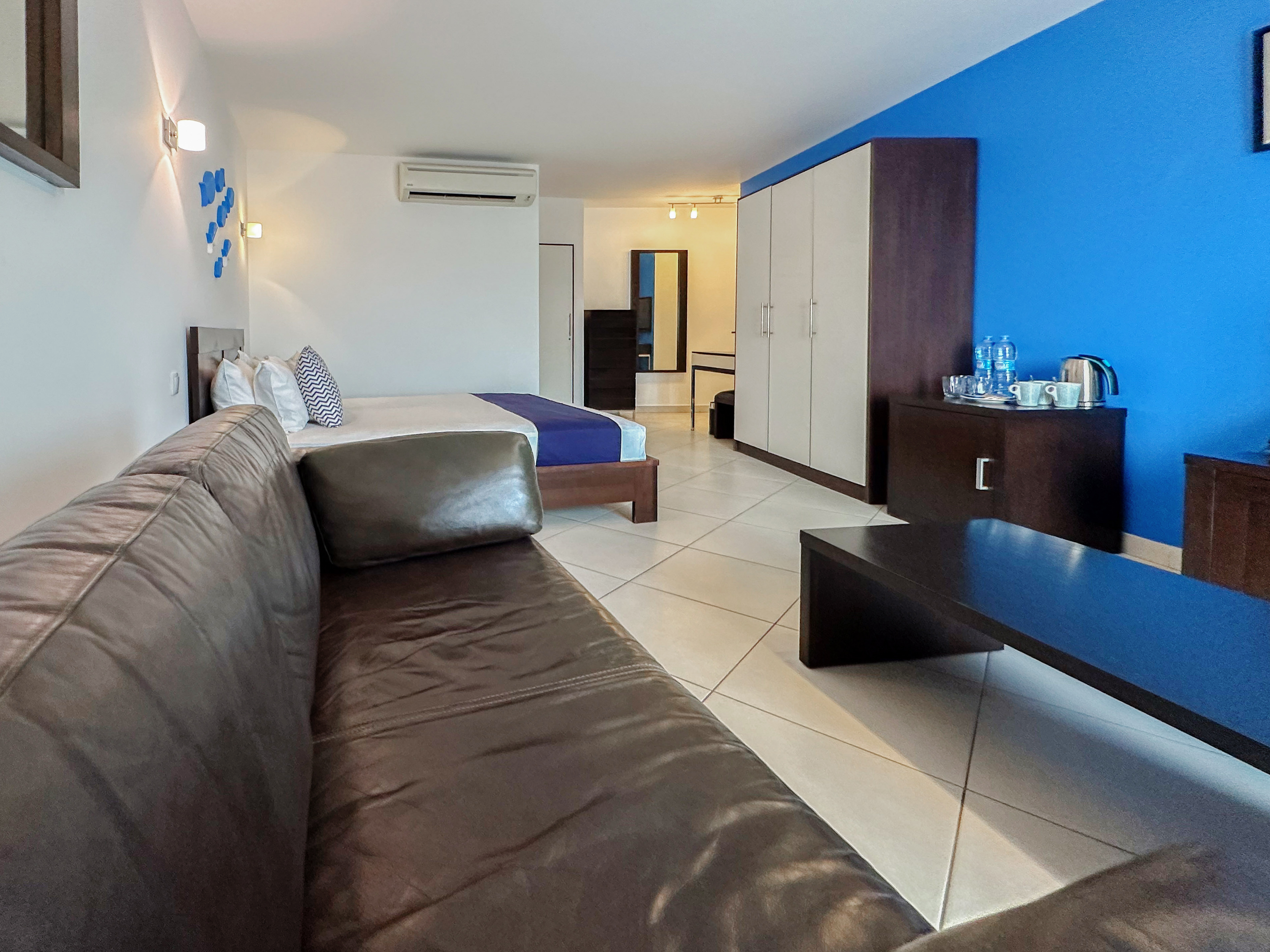 a room with a couch and a table