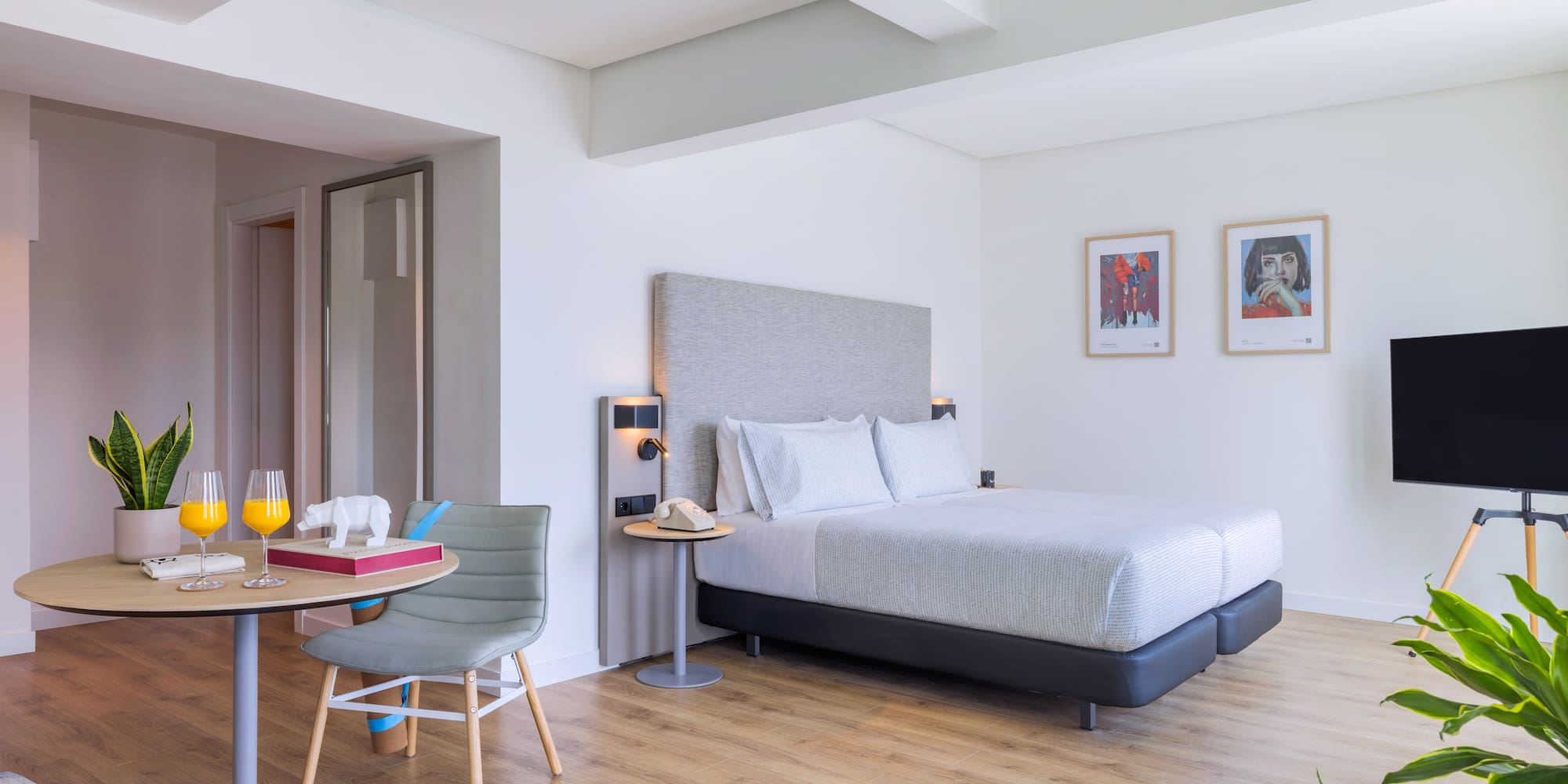 Suite de hotel moderna: cama, mesa con jugo, plantas, TV. Suelo de madera.