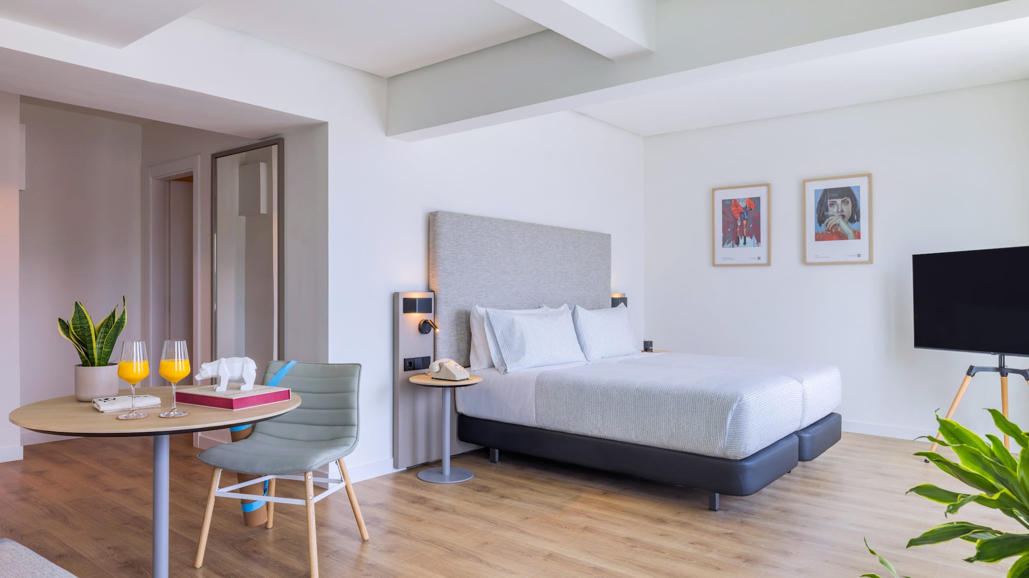 Suite de hotel moderna: cama, mesa con jugo, plantas, TV. Suelo de madera.