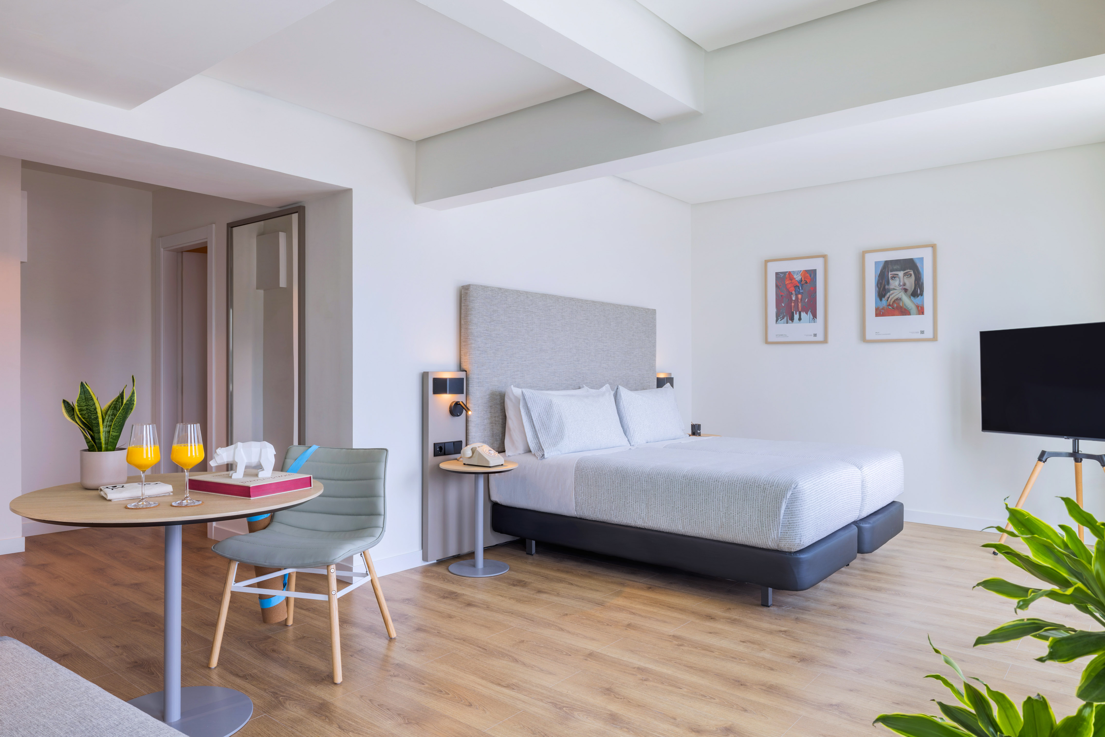 Suite de hotel moderna: cama, mesa con jugo, plantas, TV. Suelo de madera.
