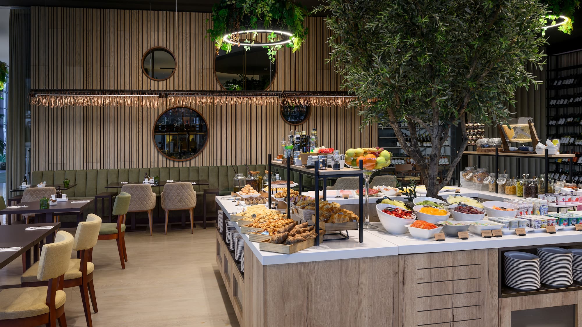 a buffet with food on the counter