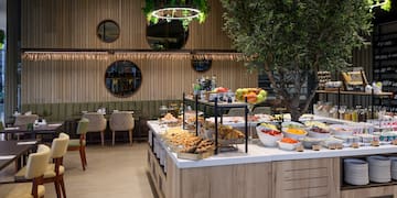 a buffet with food on the counter