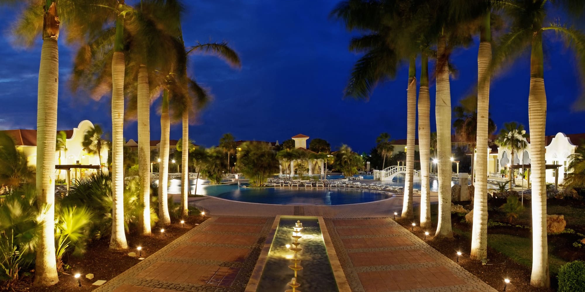 a pool with palm trees and a fountain