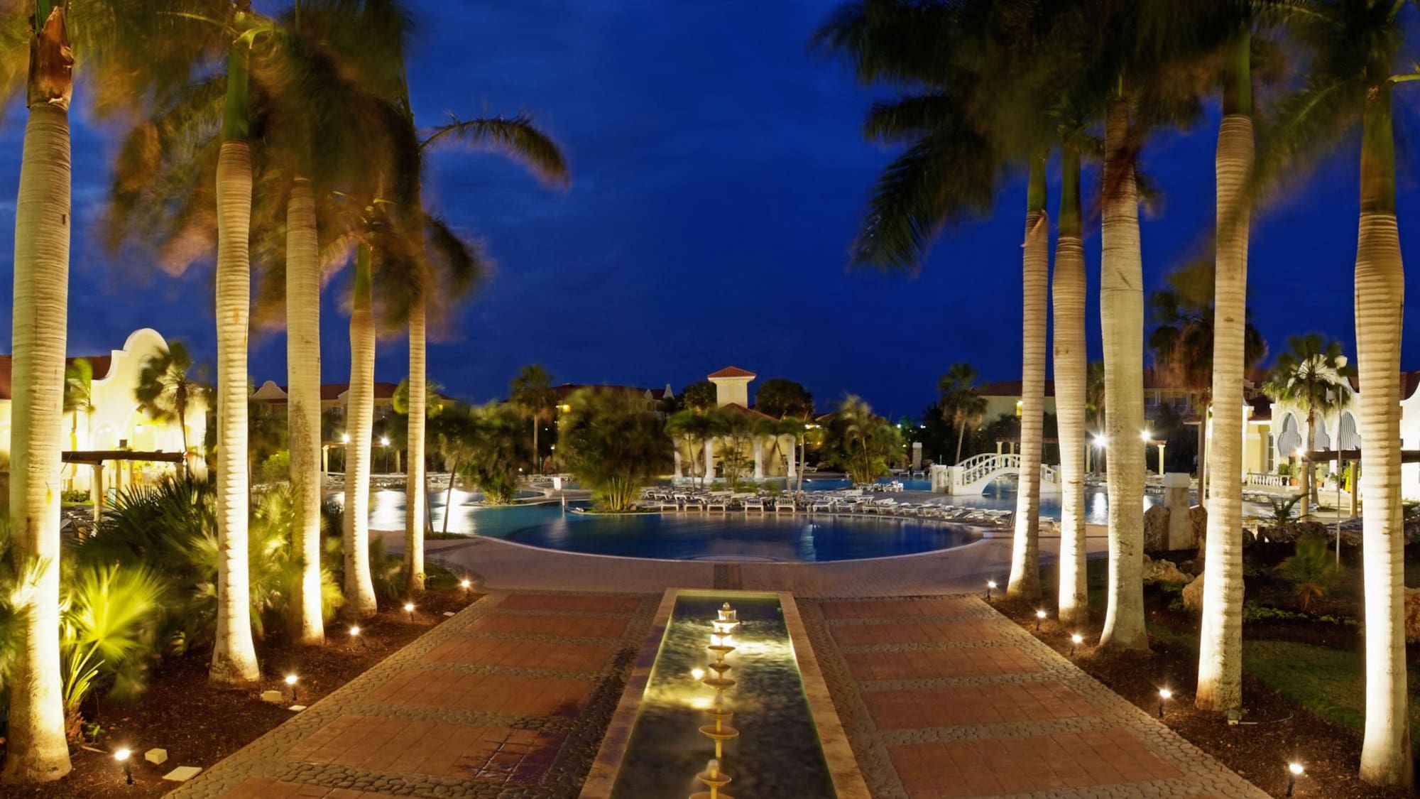 a pool with palm trees and a fountain