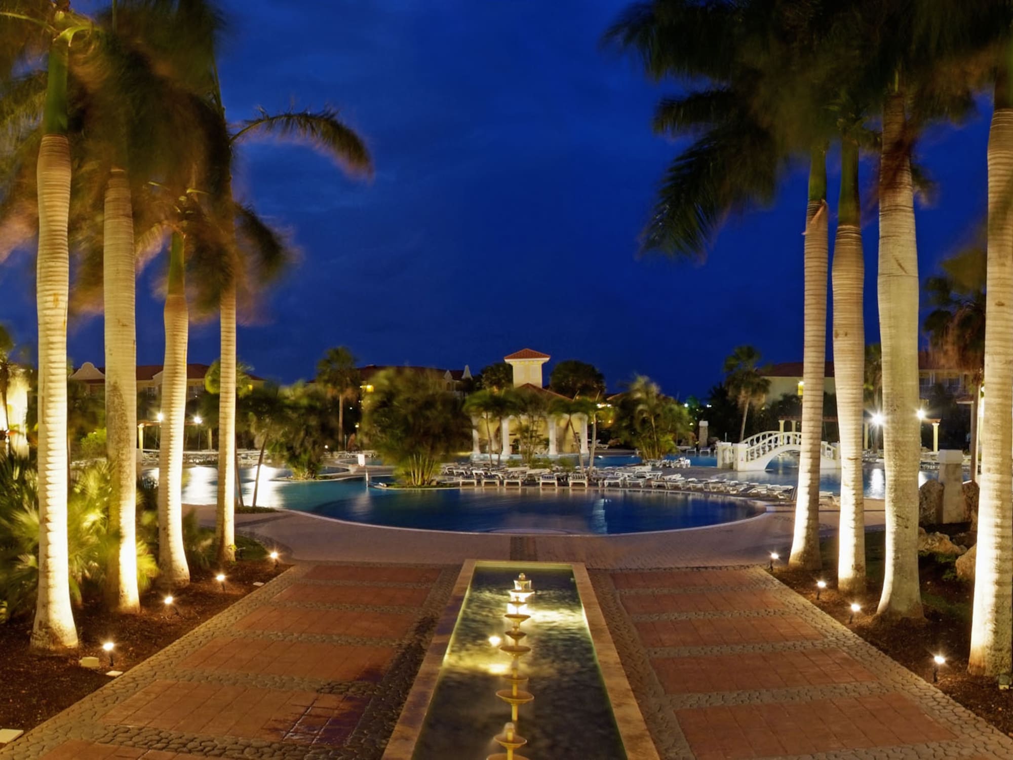 a pool with palm trees and a fountain