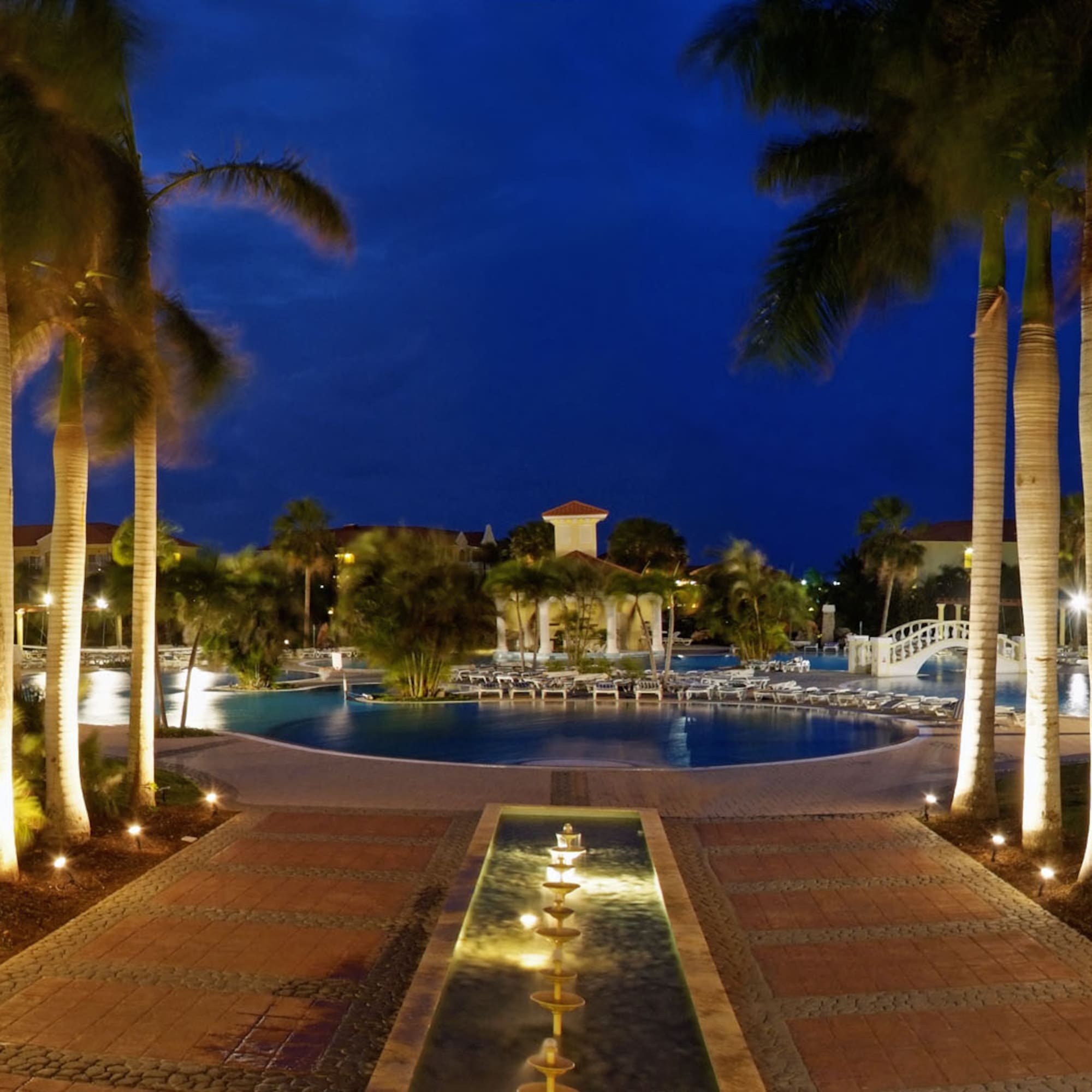 a pool with palm trees and a fountain