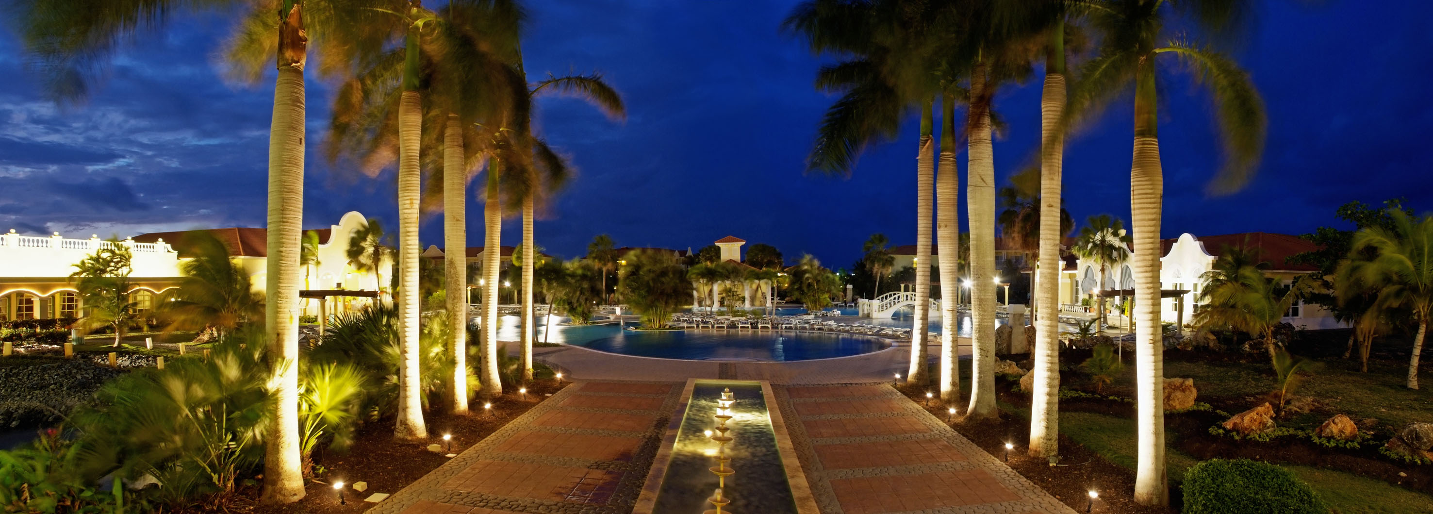 a pool with palm trees and a fountain