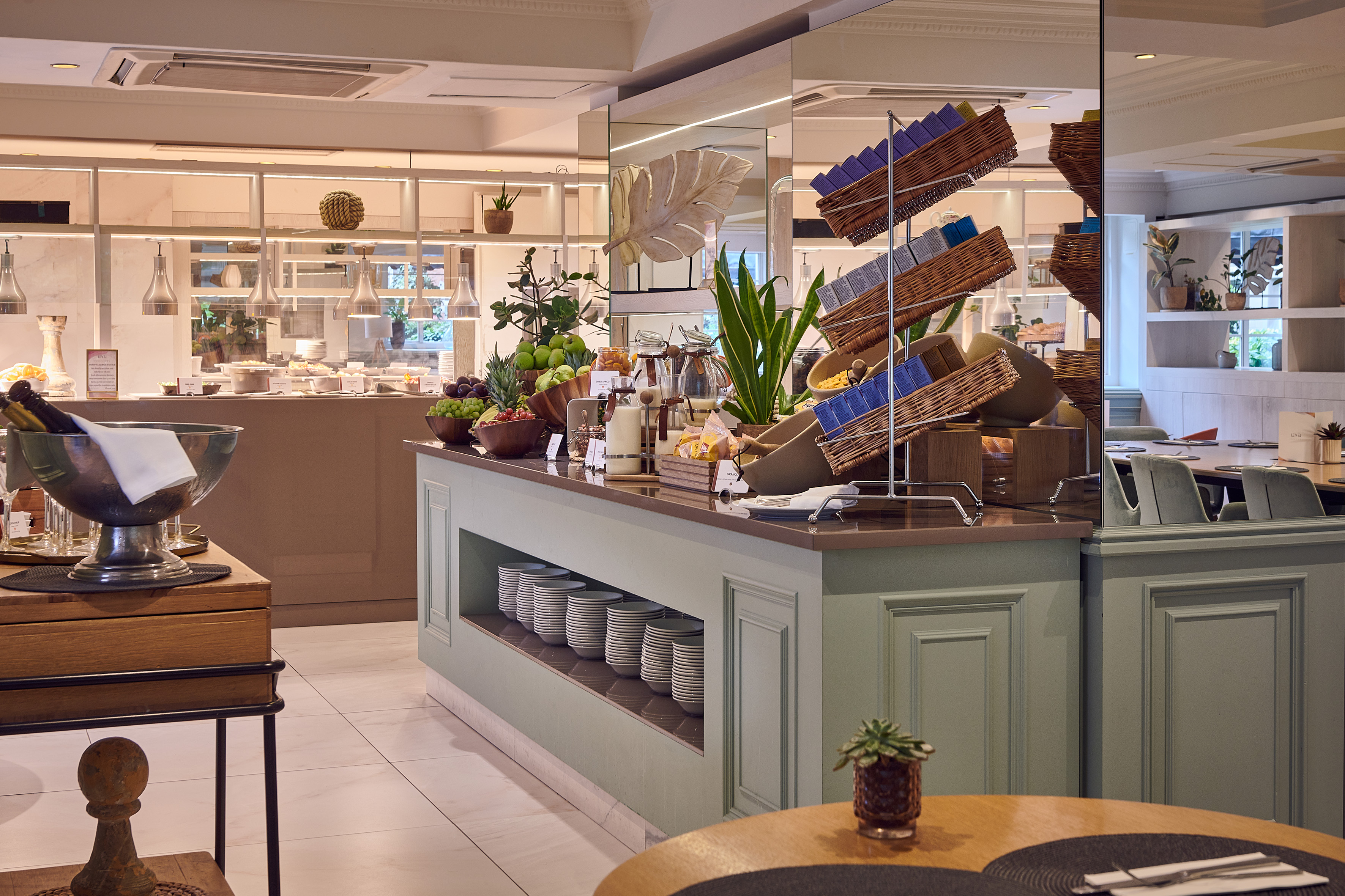 a kitchen with a variety of dishes