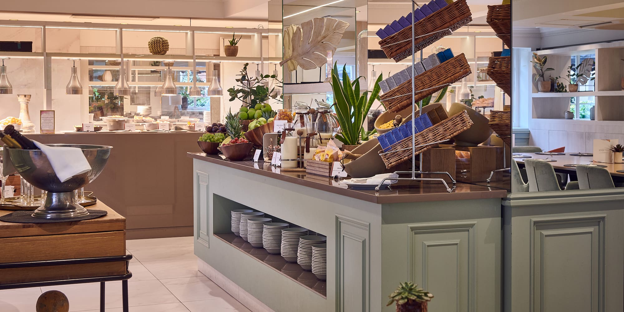 a kitchen with a variety of dishes