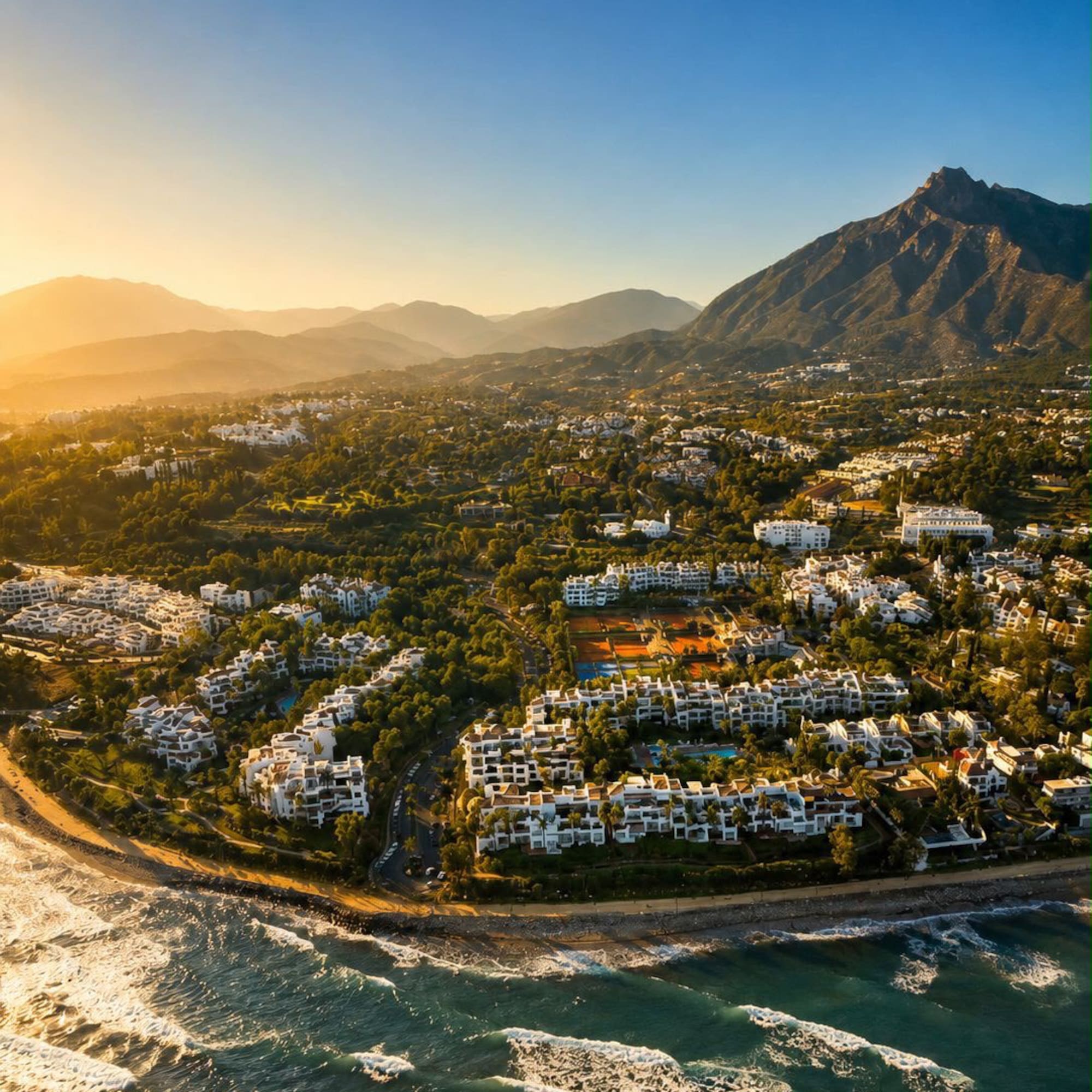 Golden Hour aerial of Marbella coast, luxury homes, mountains, and sea.