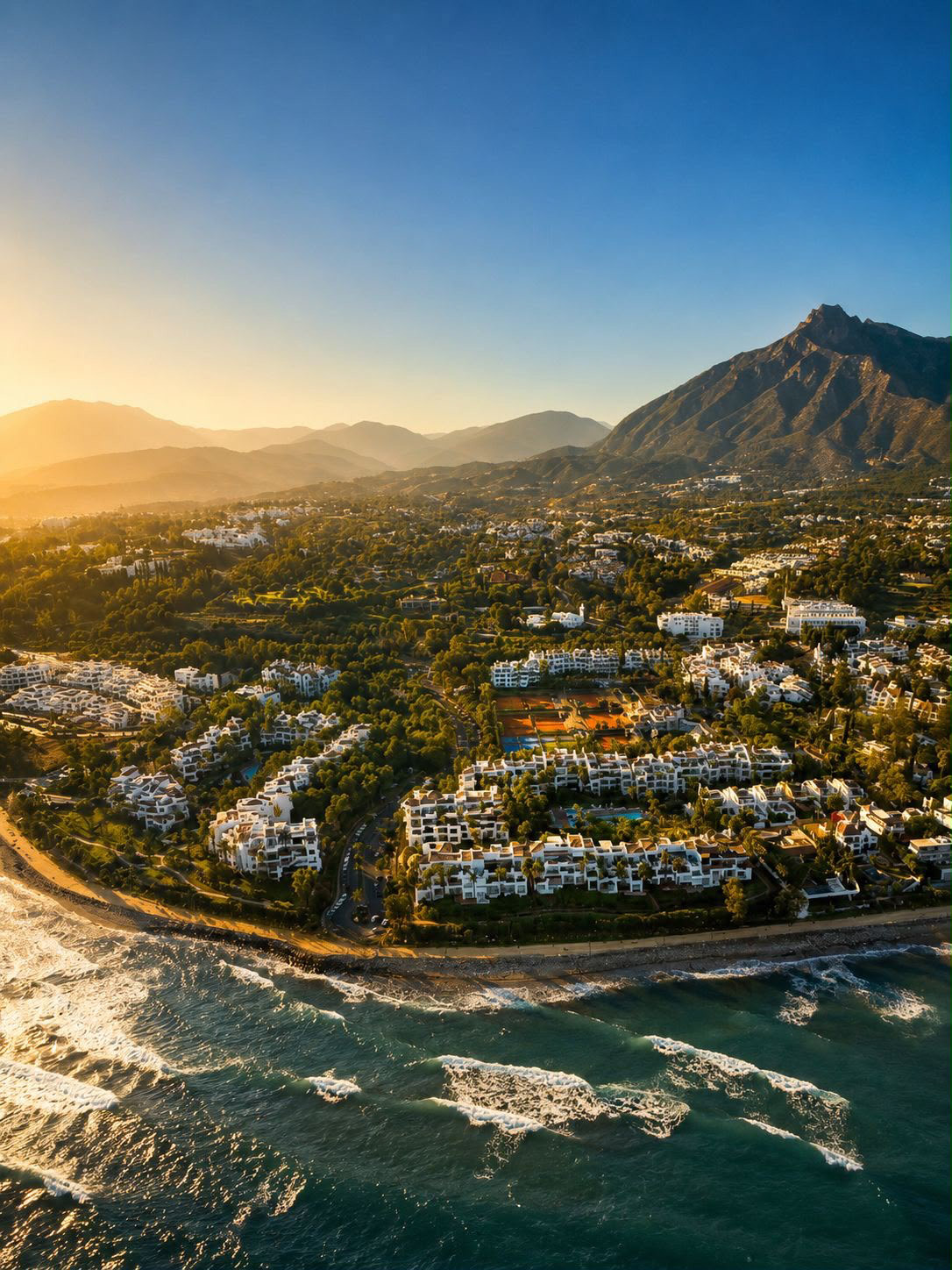 Golden Hour aerial of Marbella coast, luxury homes, mountains, and sea.