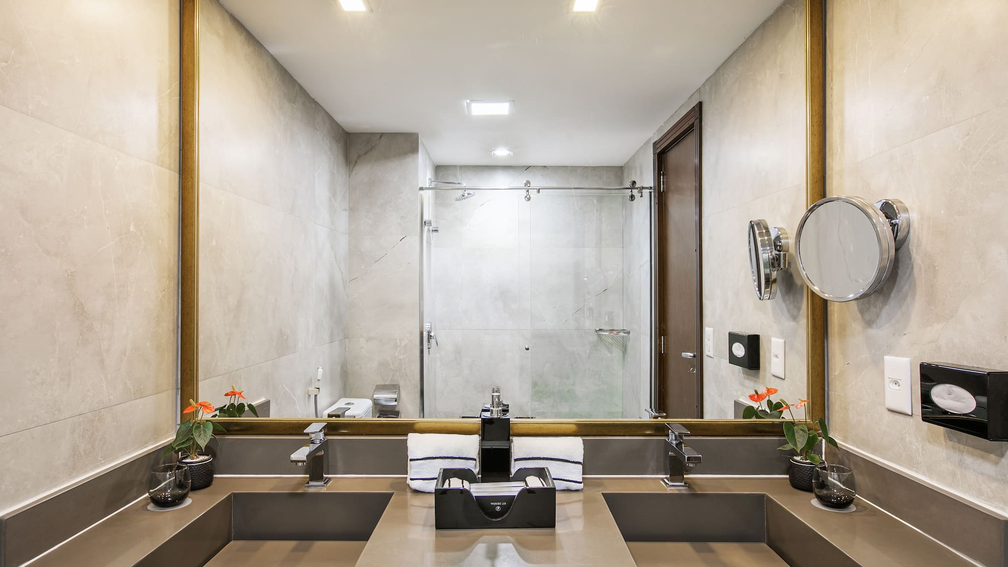 a bathroom with a large mirror