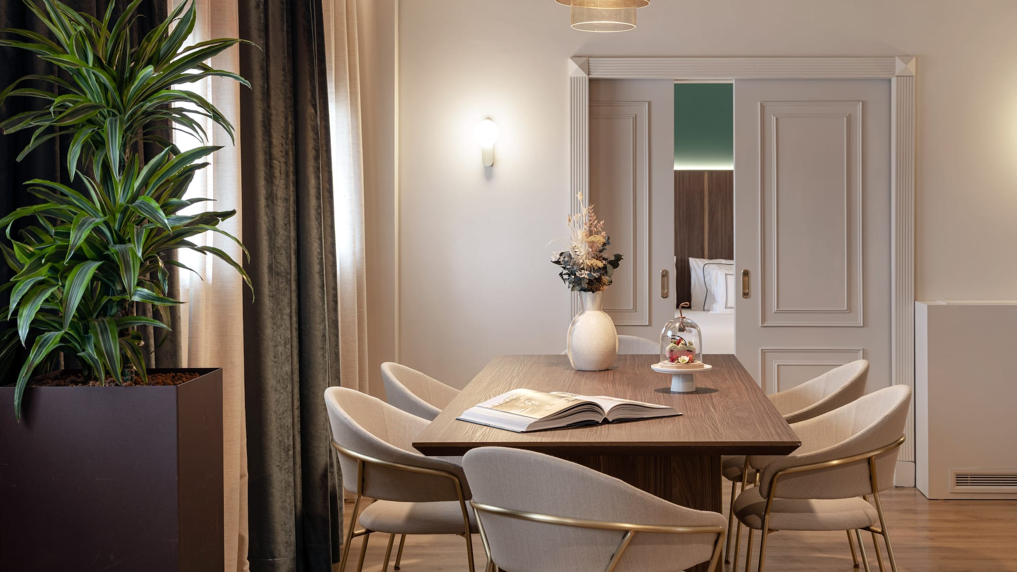 a dining table with chairs and a plant