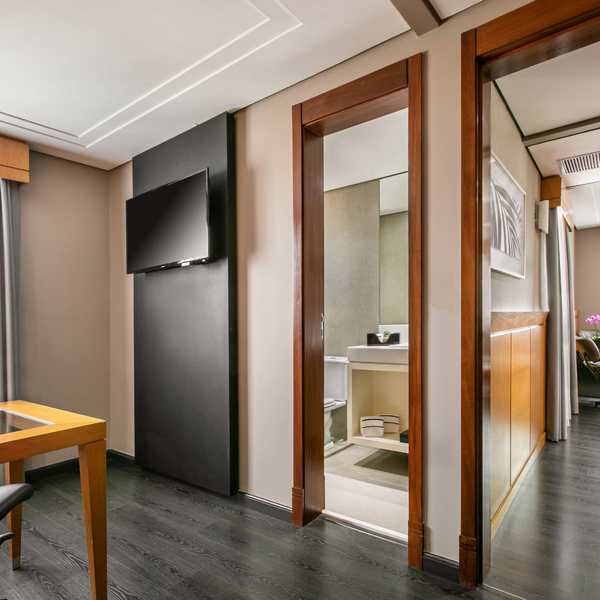 a room with a table and chairs