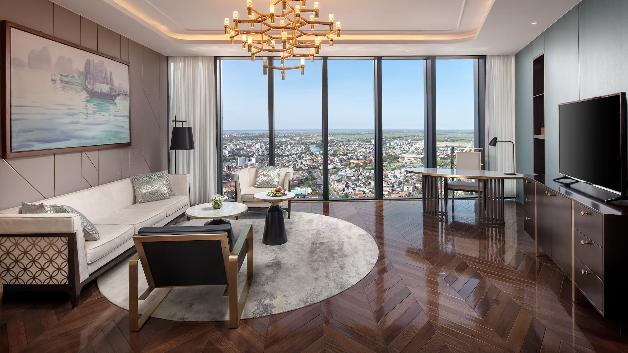 a living room with a view of a city