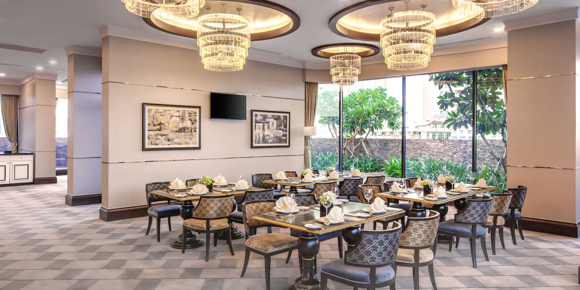 a room with tables and chairs