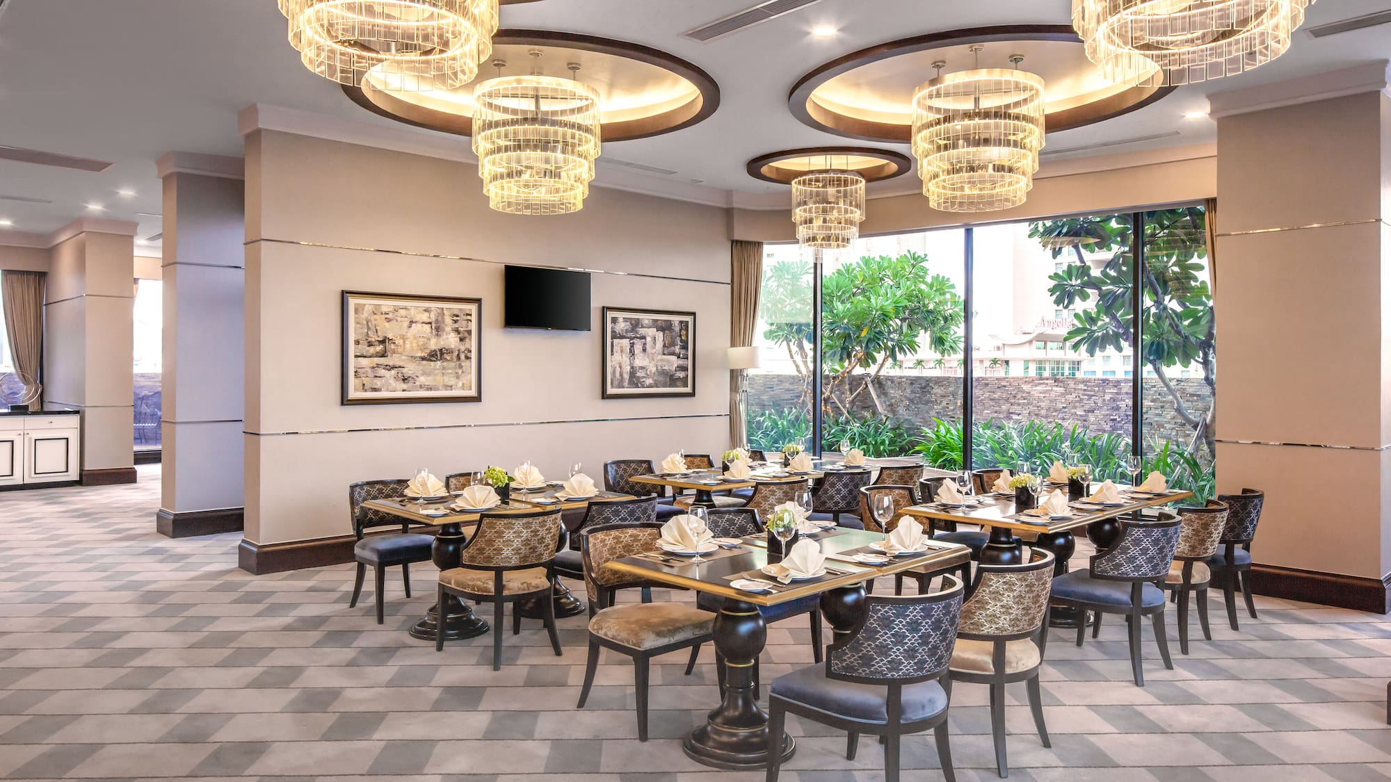 a room with tables and chairs