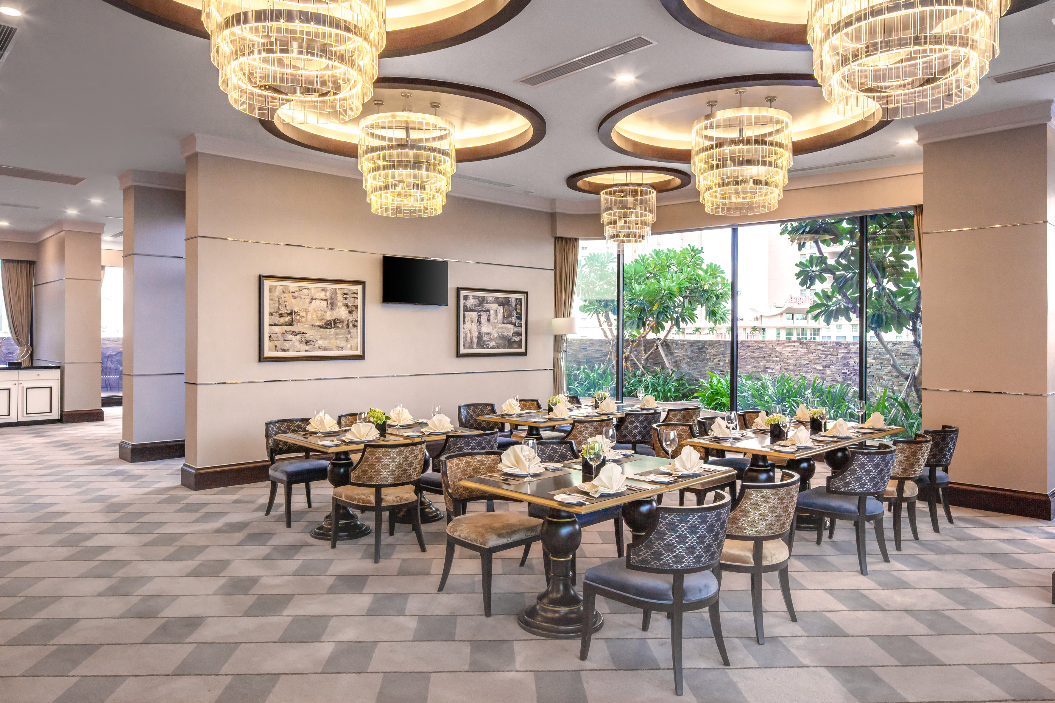 a room with tables and chairs