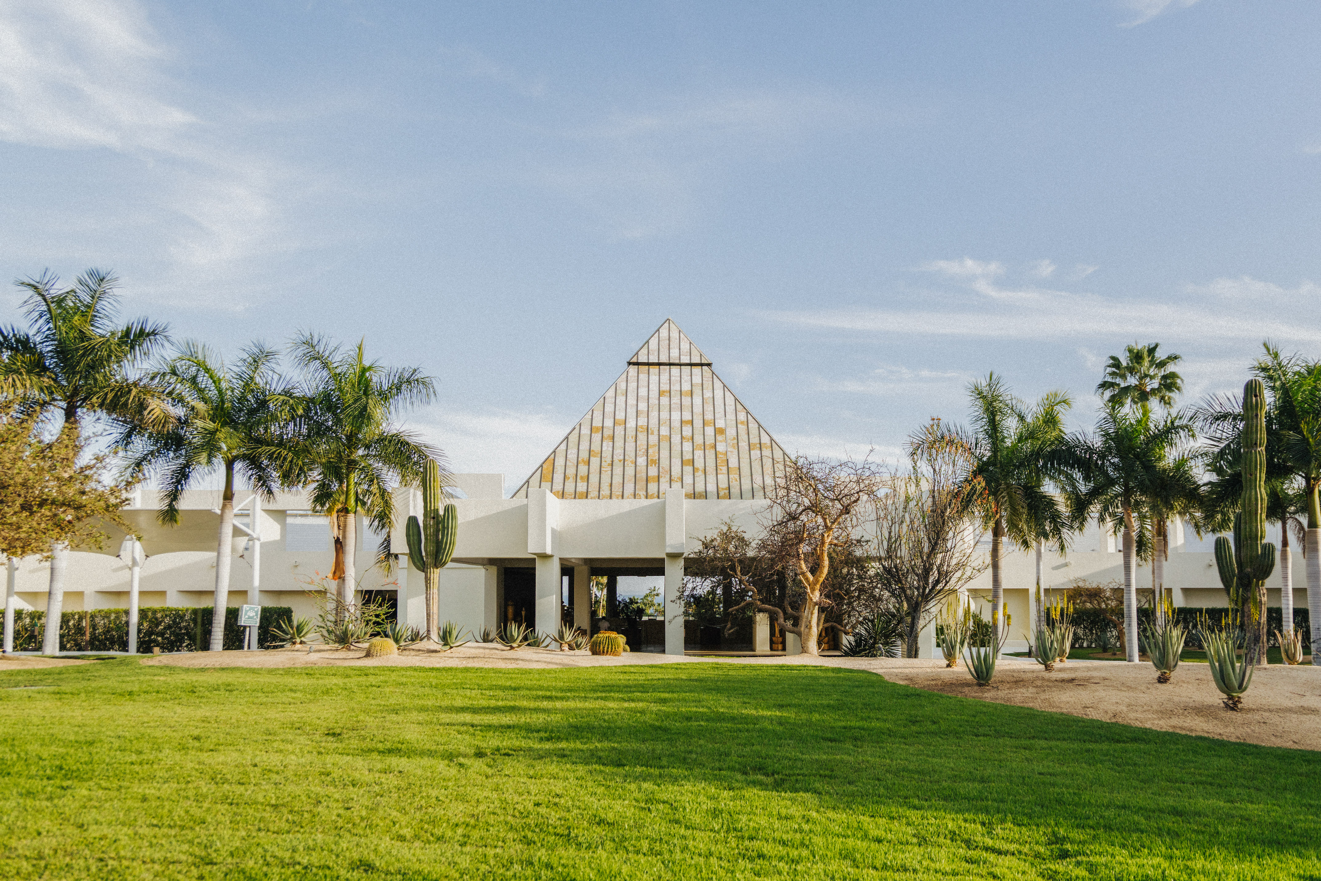 Modern pyramid-roof building, palm trees, cacti, and green lawn.