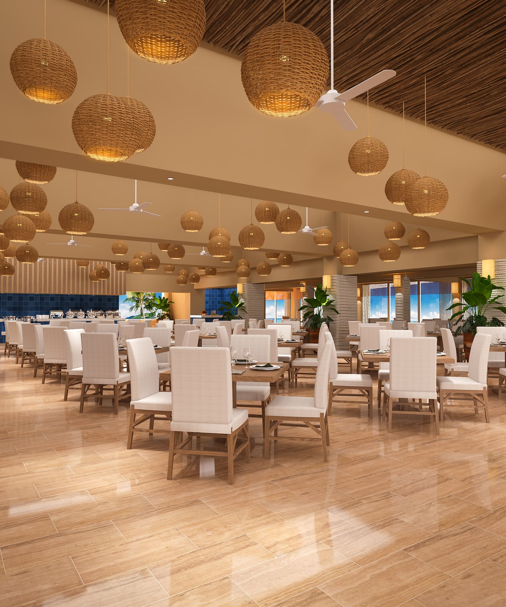 Comedor buffet resort con lámparas de mimbre y vista tropical.