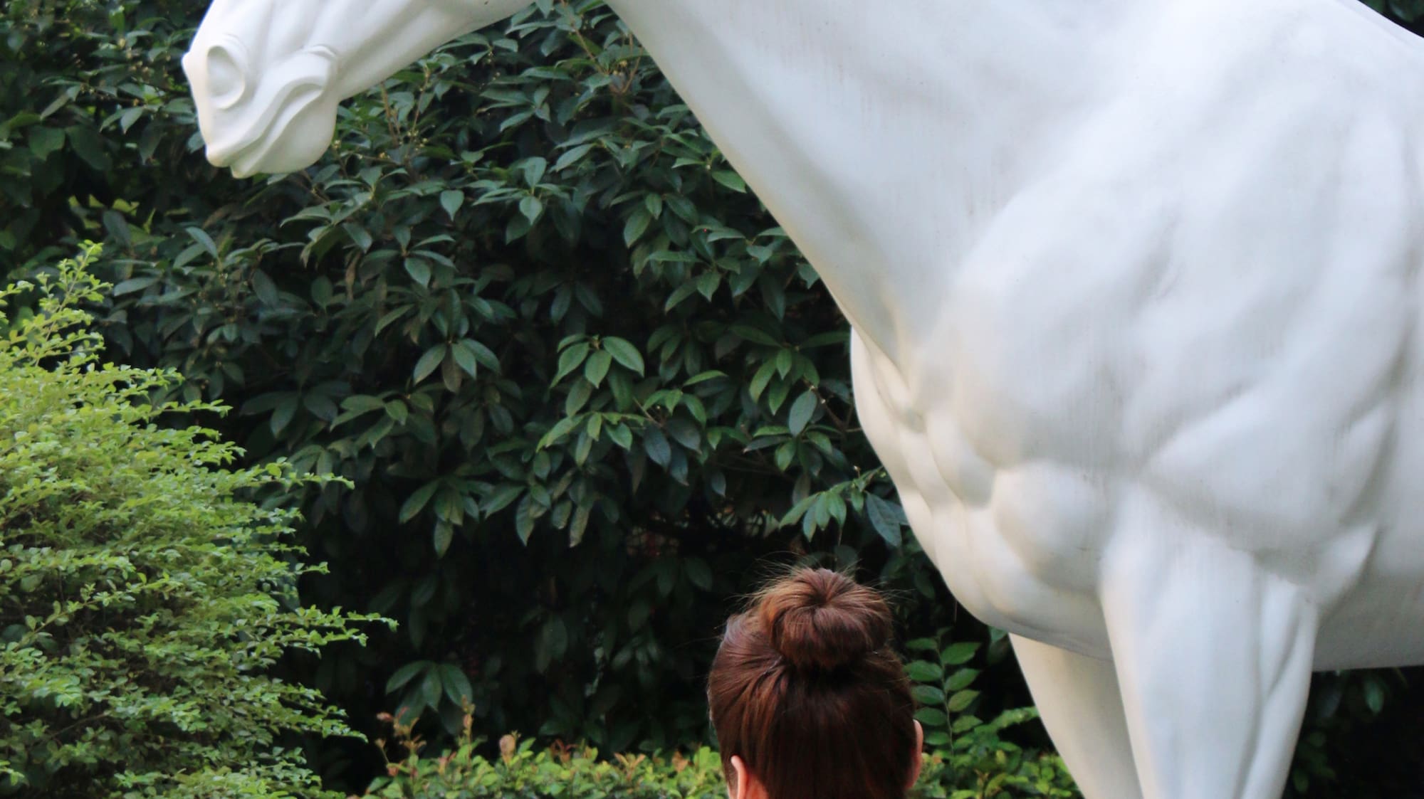 a woman looking at a statue of a horse